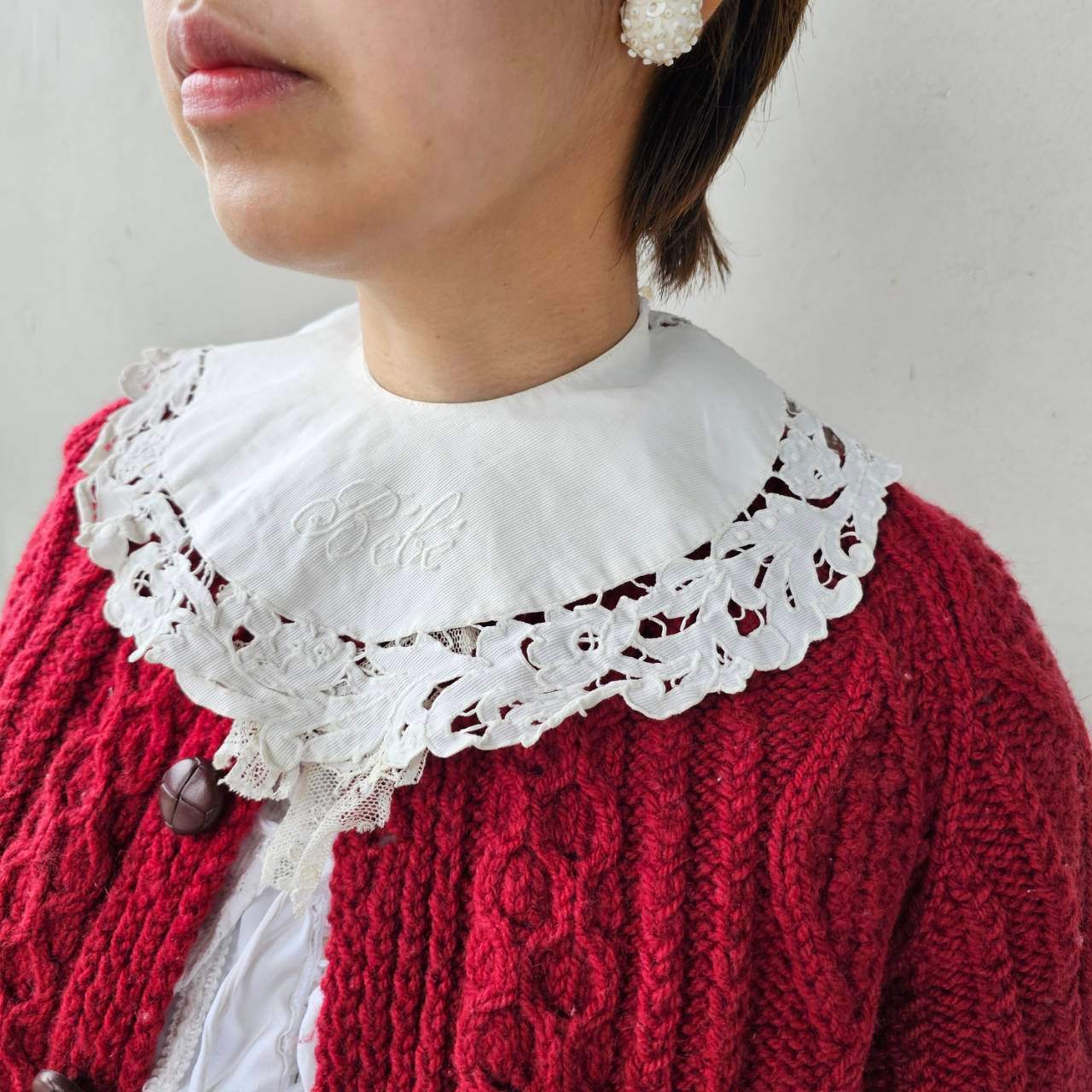 Euro antique(ヨーロッパアンティーク) France name embroidery collar フランス ネーム刺繍入りレースのつけ襟 ホワイト