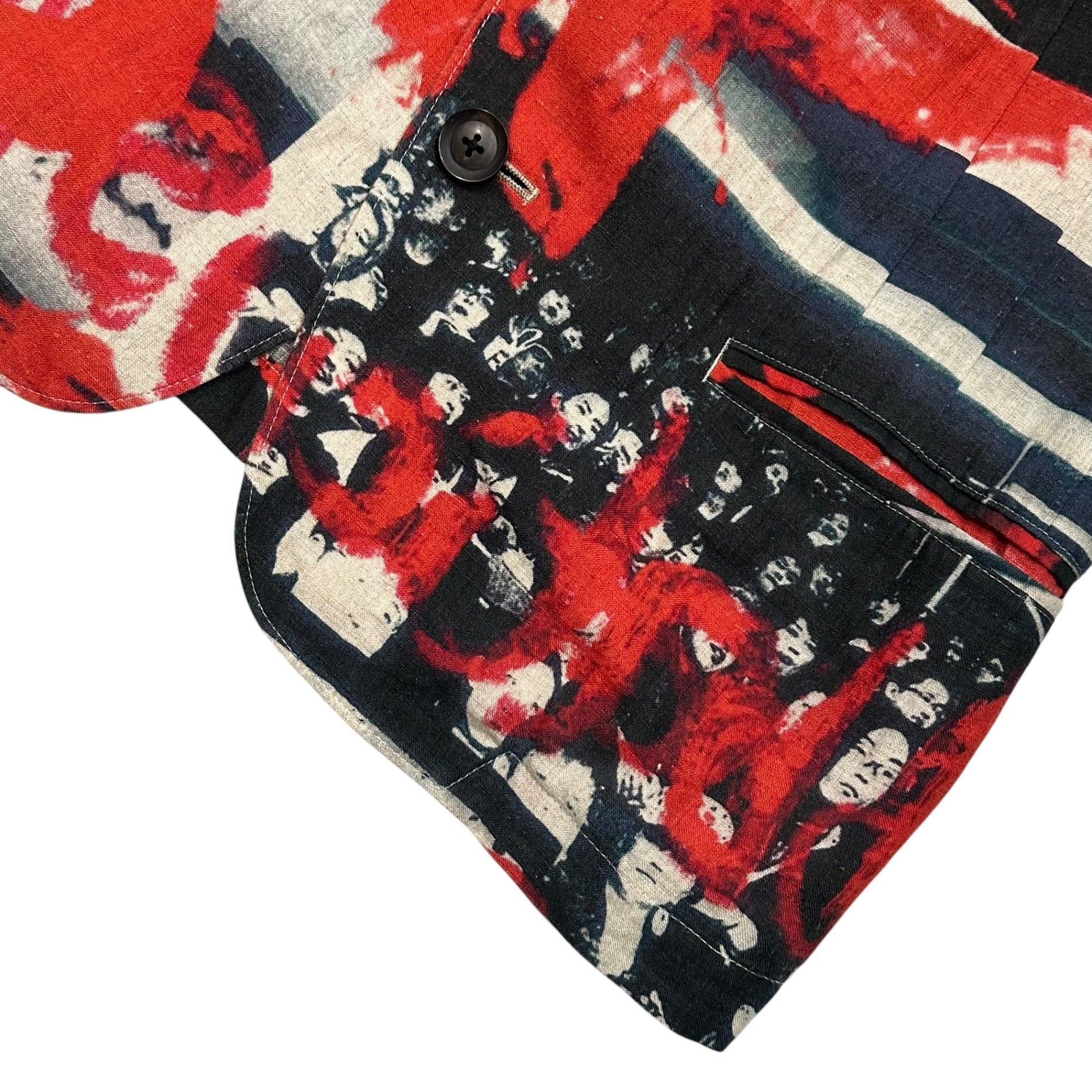 YOHJI YAMAMOTO POUR HOMME(ヨウジヤマモトプールオム) 2018SS Collage Print 3B Linen Jacket コラージュ プリント 3ボタン リネン ジャケット HW-J50-321 2(M程度) レッド×ネイビー×ベージュ 2018春夏コレクション LOOK21
