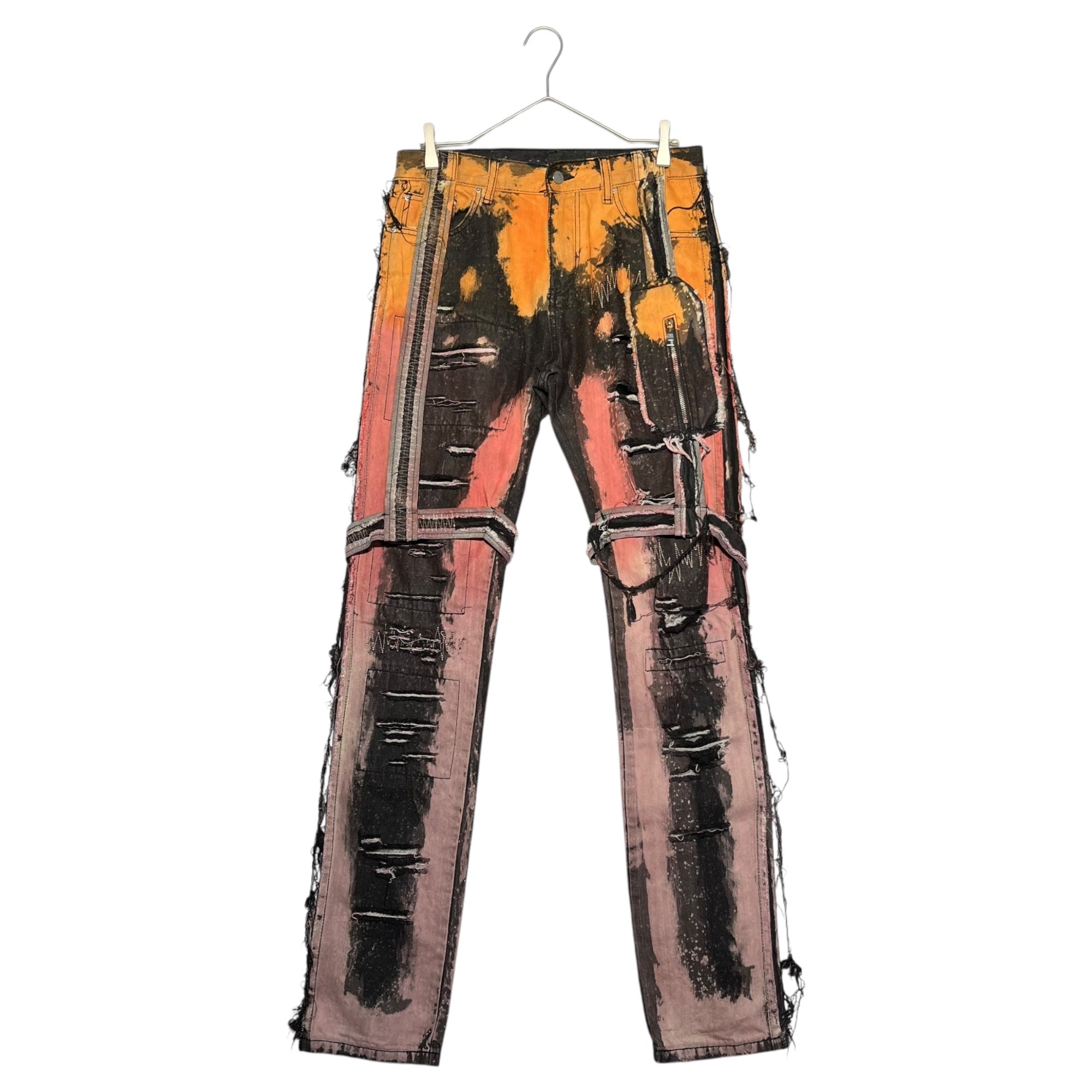 mnml(ミニマル) Paint bleach distressed bondage denim pants ペンキ ブリーチ ダメージ 加工 ボンテージ デニム パンツ 30 ブラック×ピンク×オレンジ