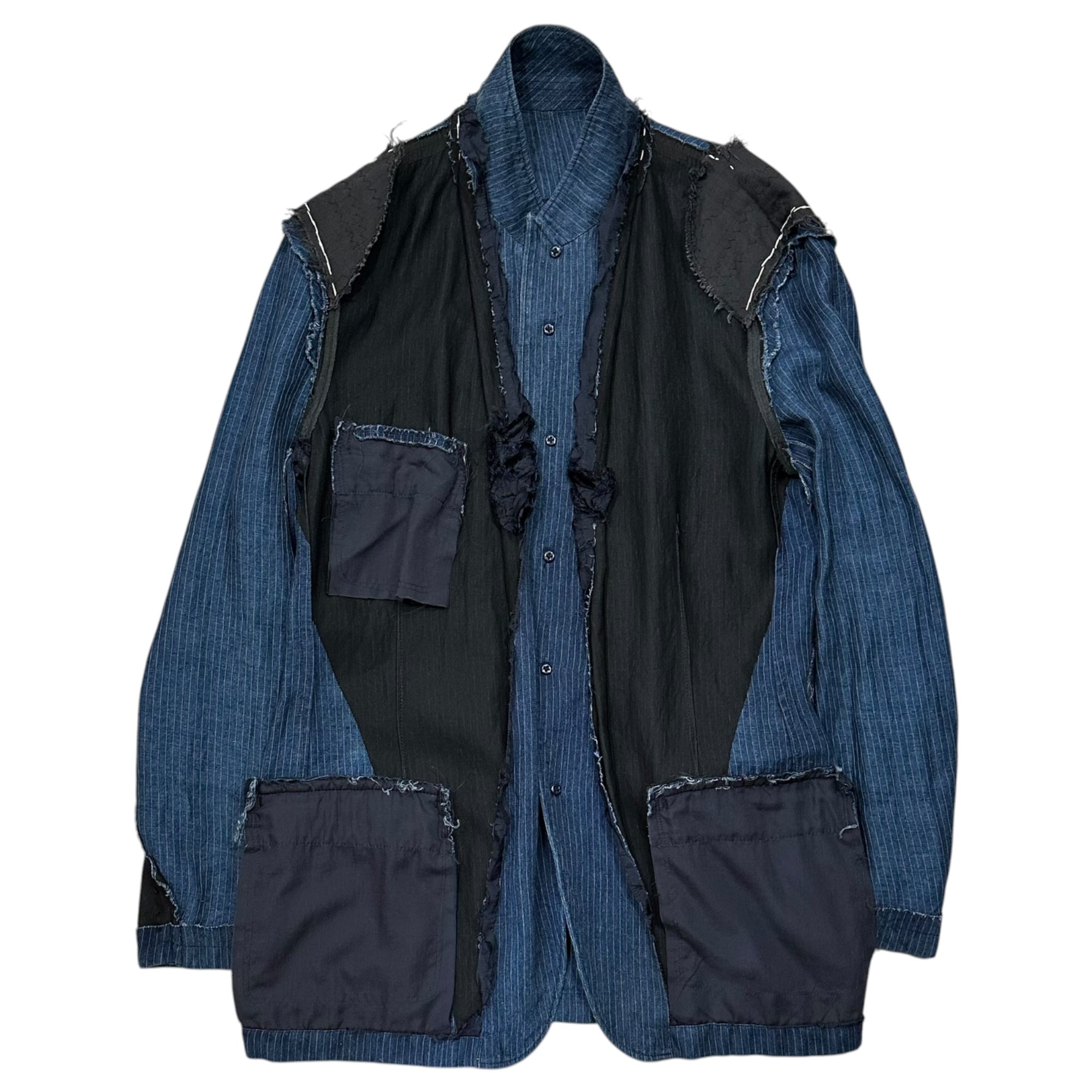 YOHJI YAMAMOTO POUR HOMME(ヨウジヤマモトプールオム) Indigo-Dyed Stand-Collar Striped Linen Jacket インディゴ染め スタンドカラー ストライプ リネン ジャケット 3(L程度) インディゴ×ホワイト タグ取れ