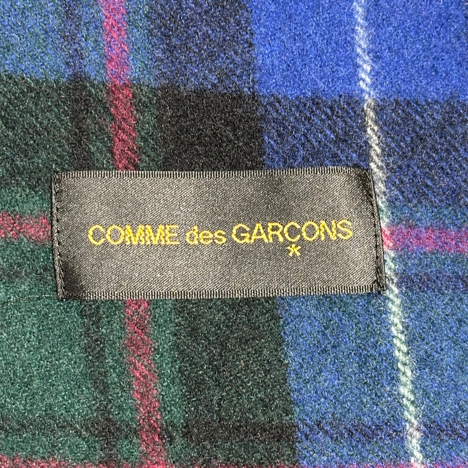 COMME des GARCONS(コムデギャルソン) 03AW Brand logo printed wool asymmetrical check jacket ブランド ロゴ プリント ウール アシンメトリー チェック ジャケット GK-J070 FREE ブルー×グリーン×レッド AD2003