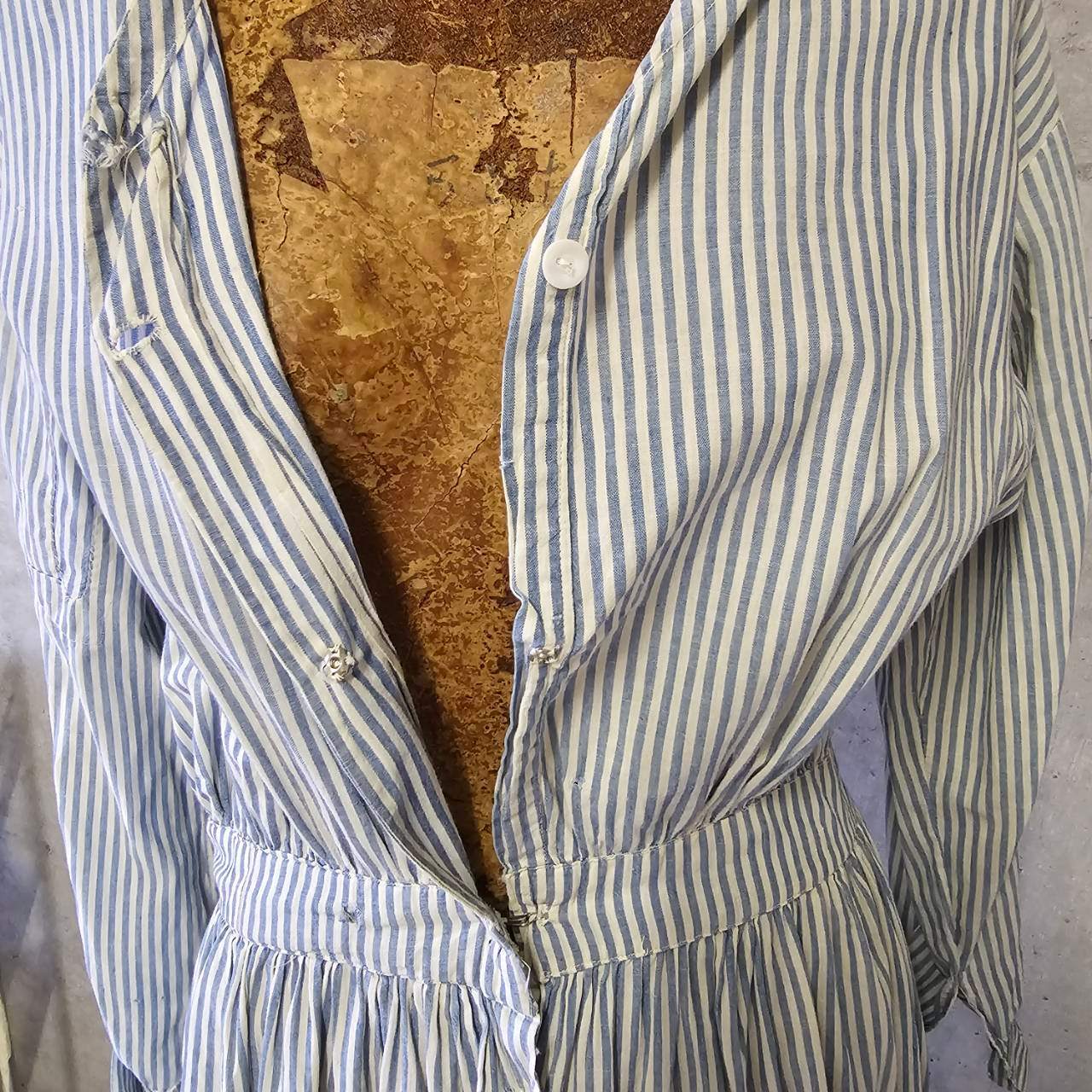 Euro antique(ヨーロッパアンティーク) 20's~ frenchcuffs cotton gather stripe onepiece フレンチカフスのコットンギャザーロングワンピース 表記無し(M~L程度) / 細かなダメージ有 ブルー×ホワイト