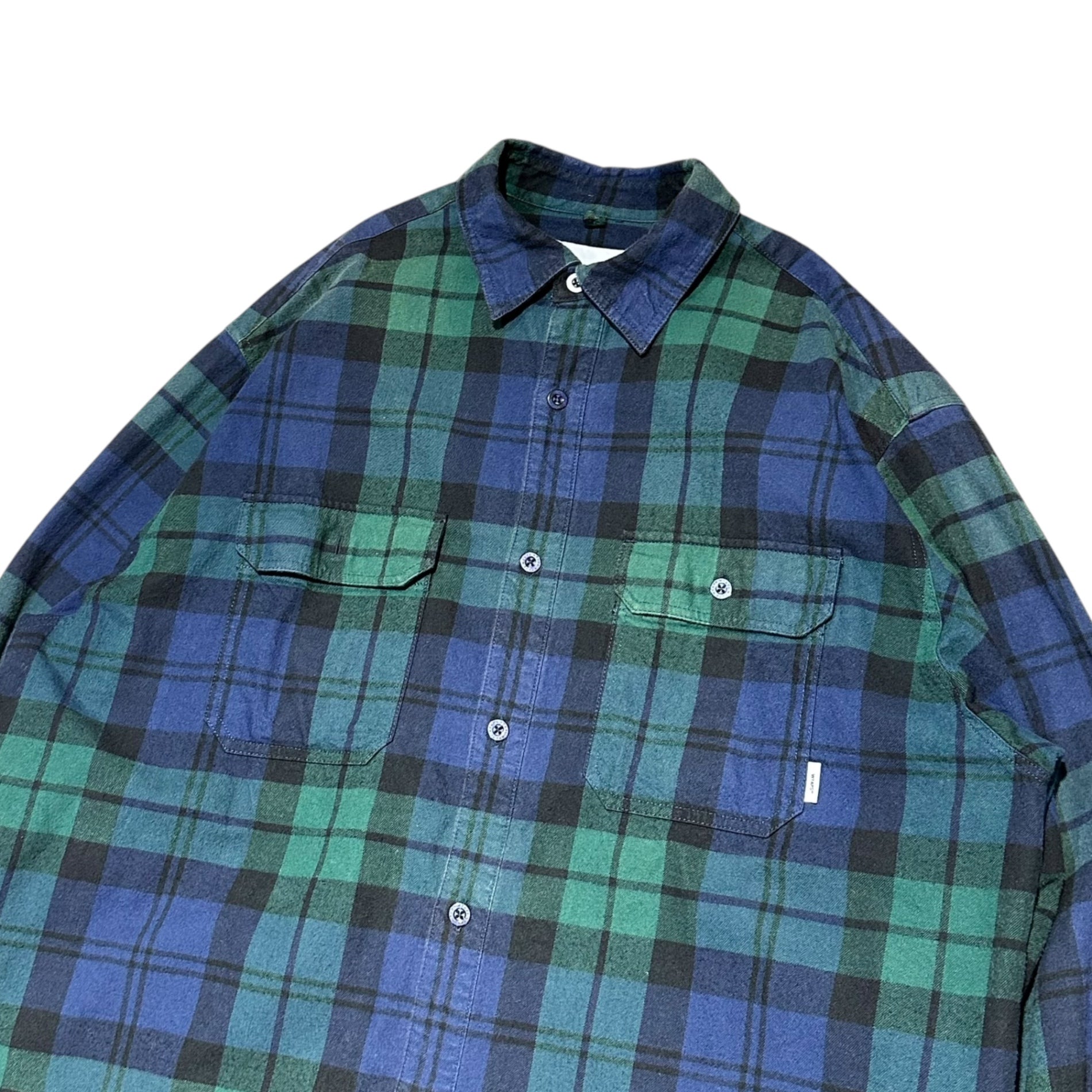 WTAPS(ダブルタップス) 22AW Deck LS Cotton. Flannel. Textile. Crst "Green" フランネル チェック シャツ 222TQDT-SHM01 03 ネイビー×グレー
