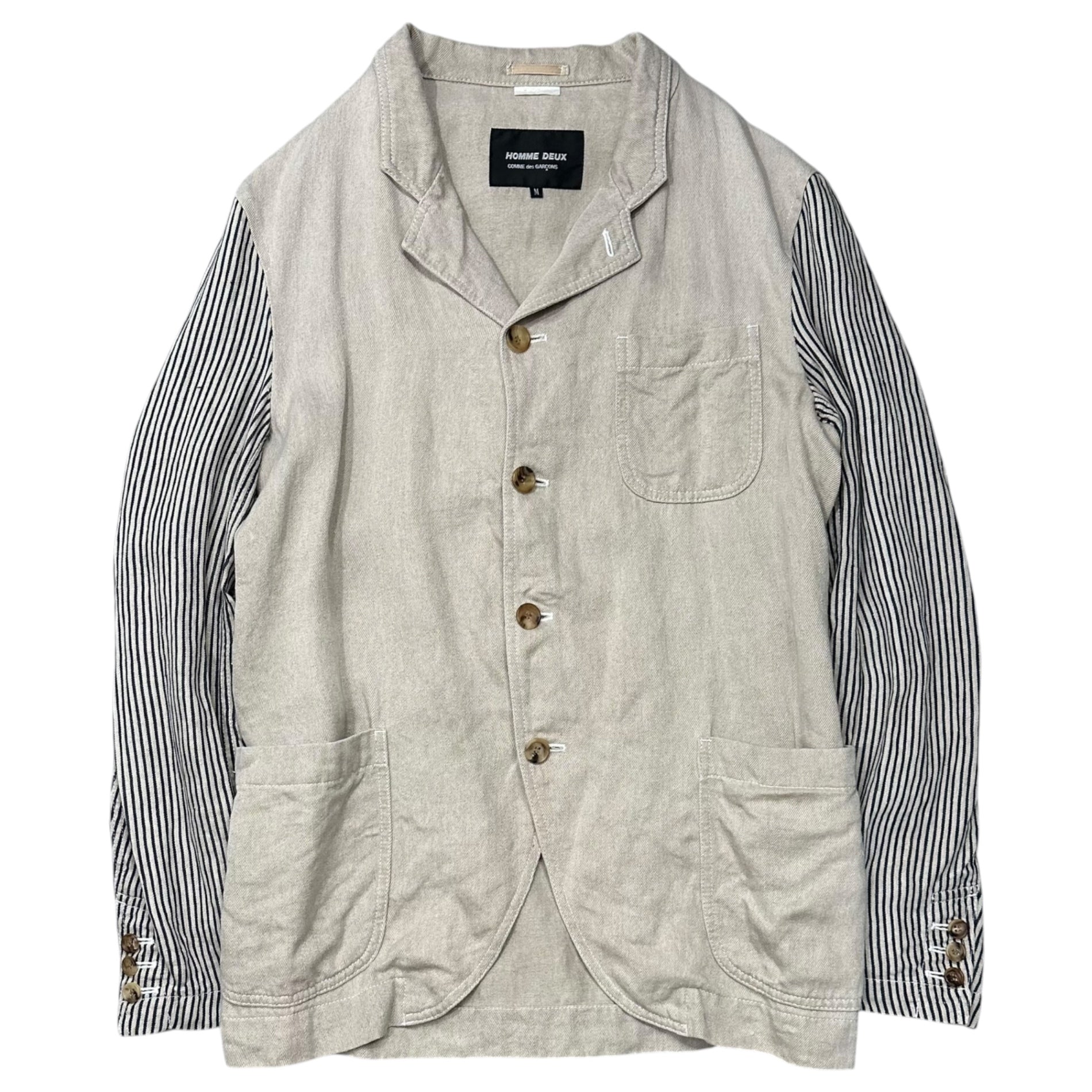 COMME des GARCONS HOMME DEUX(コムデギャルソンオムドゥ) Linen Jacket with Stripes on the Sleeves 袖 ストライプ リネン ジャケット DM-J086 M アイボリー×ブラック AD2013