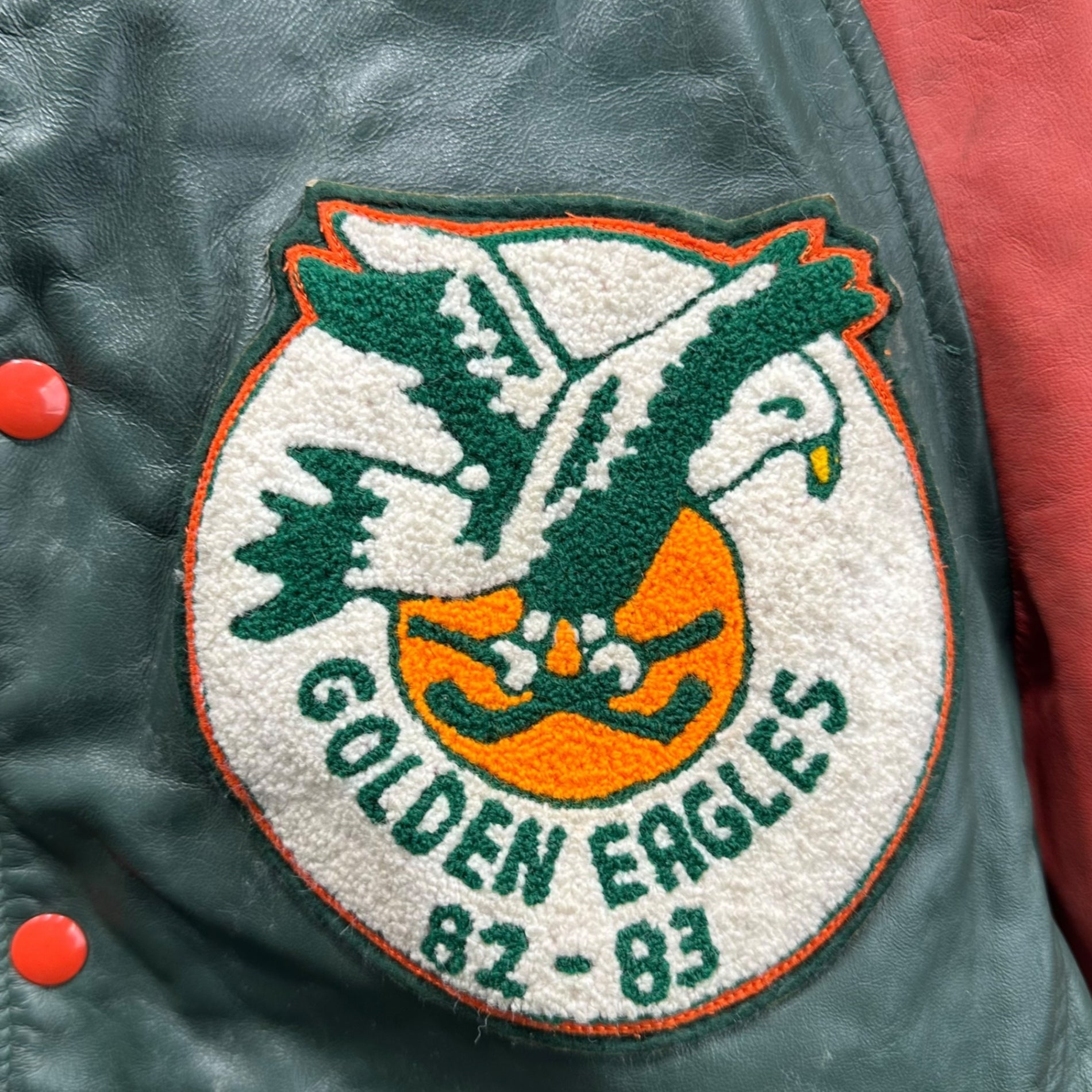 EXPORT LEATHER GARMENTS(エクスポートレザーガーメンツ) 90's CANADA made Leather Stadium Jacket レザー スタジアム ジャケット 36 グリーン×レッド 推定90年代 ヴィンテージ スタジャン ブルゾン