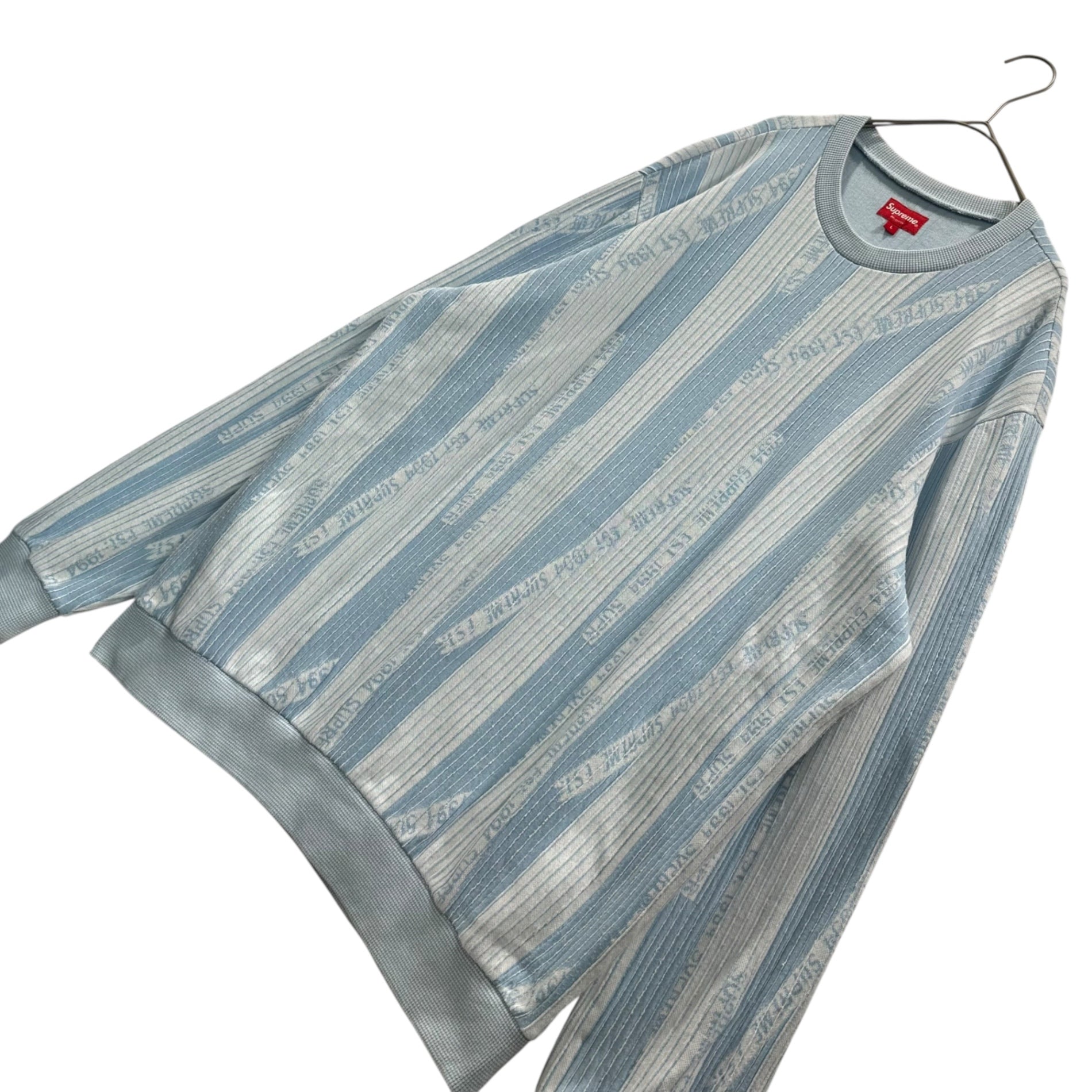 SUPREME(シュプリーム) 20AW Textured Stripe Crewneck ストライプロゴ スウェット L スカイブルー×ホワイト 20FW