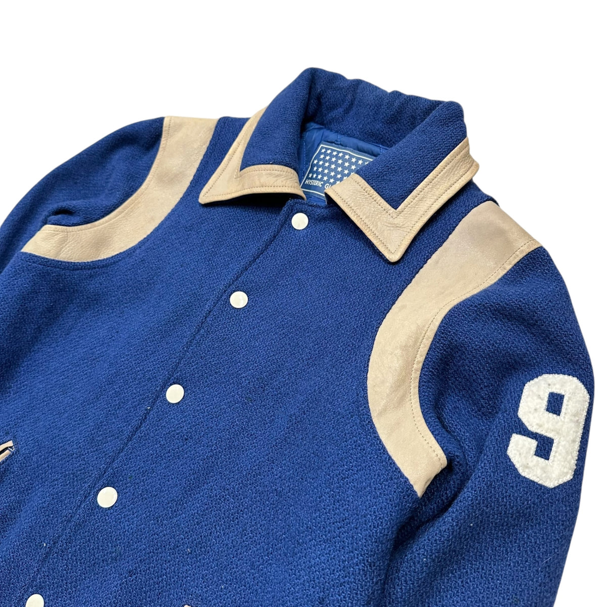 HYSTERIC GLAMOUR(ヒステリックグラマー) 1990's Leather-trimmed varsity jacket レザー 切替 スタジャン 2AB-3280 FREE ブルー×ベージュ 90年代 バーシティー ジャケット