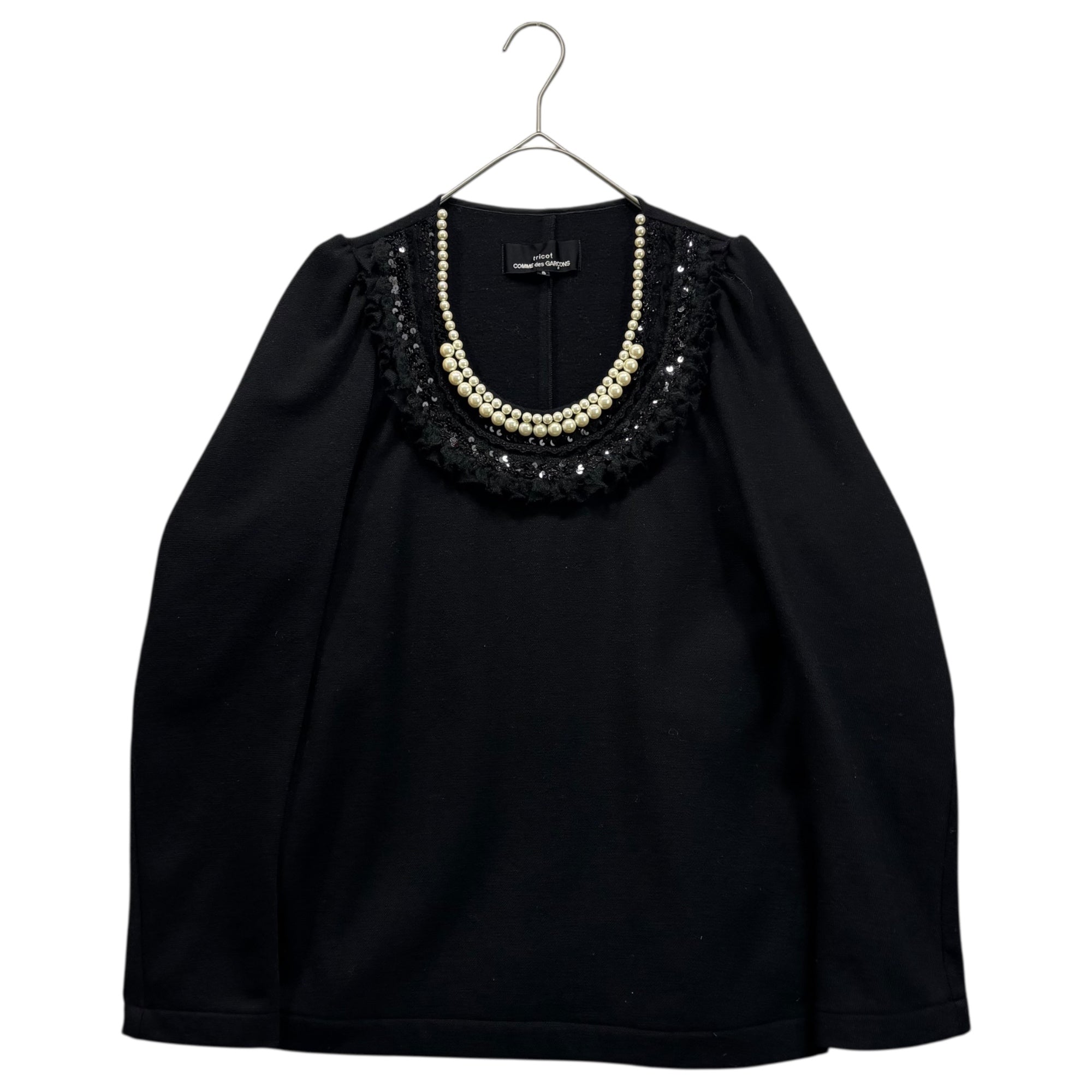 tricot COMME des GARCONS(トリココムデギャルソン) 06AW Pearl-Fringed Decorative Wool Pullover Sweatshirt パール フリル 装飾 ウール プルオーバー スウェット TR-B013 S ブラック×アイボリー AD2006 裏起毛