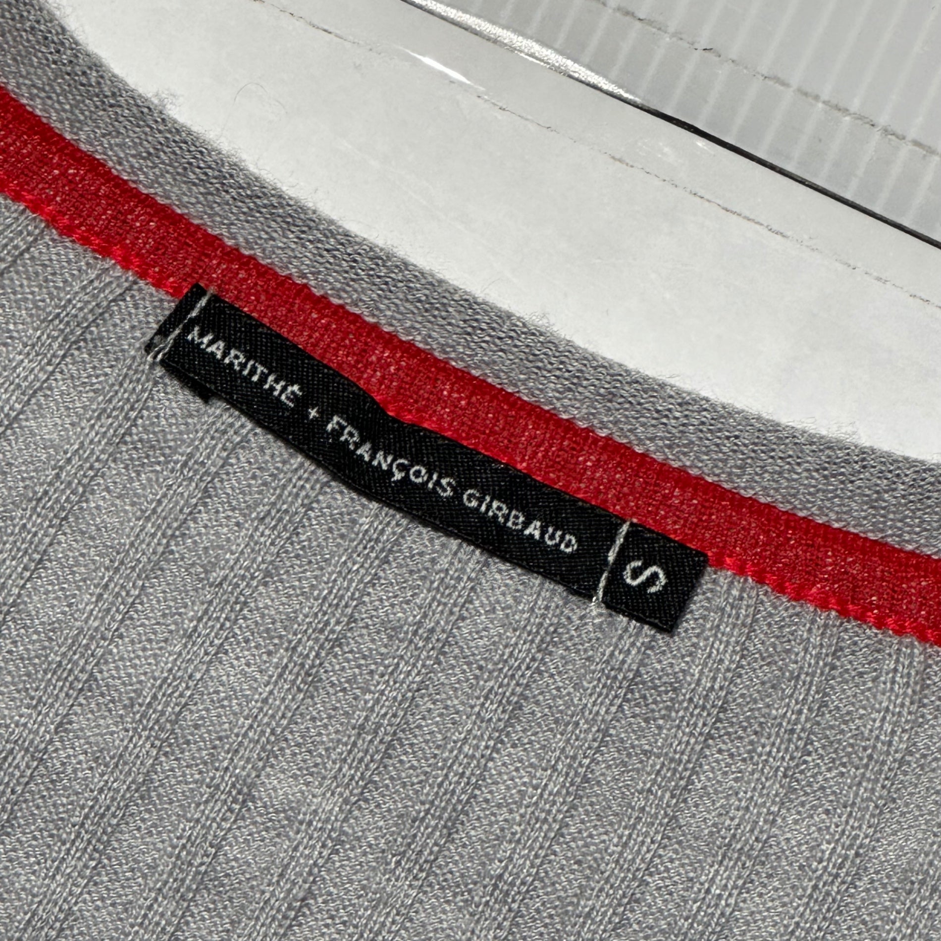 MARITHE FRANCOIS GIRBAUD(マリテフランソワジルボー) 00's Hem Design Ruffled Knit Ribbed Cardigan 裾デザイン フリル ニット リブ カーディガン F7-8004 S グレー×レッド Y2K