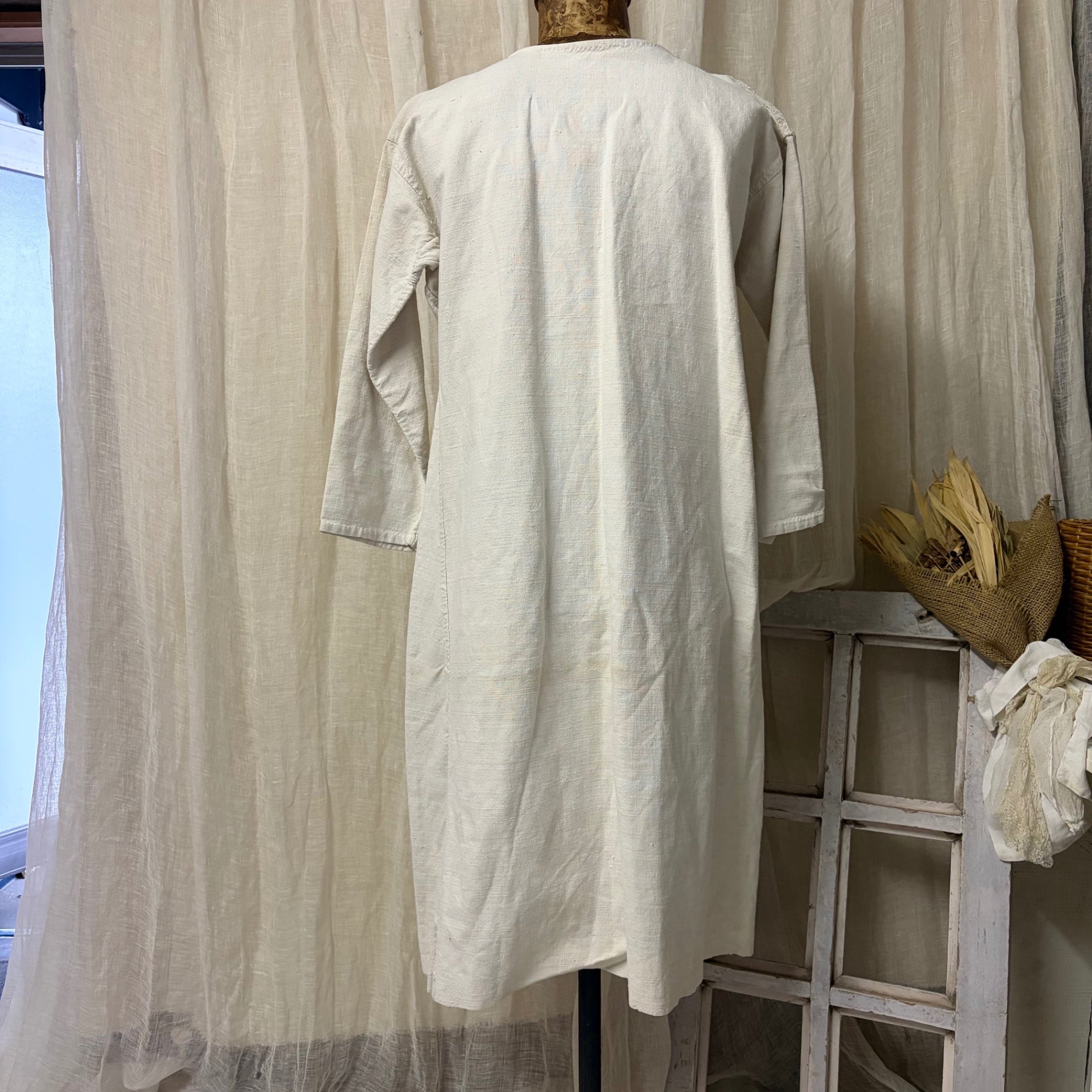 Euro antique(ヨーロッパアンティーク) 20's~ 「M C」 name stich frenchcotton onepiece ネーム刺繍入りフレンチリネンワンピース 表記無し(Lサイズ程度) ベージュ