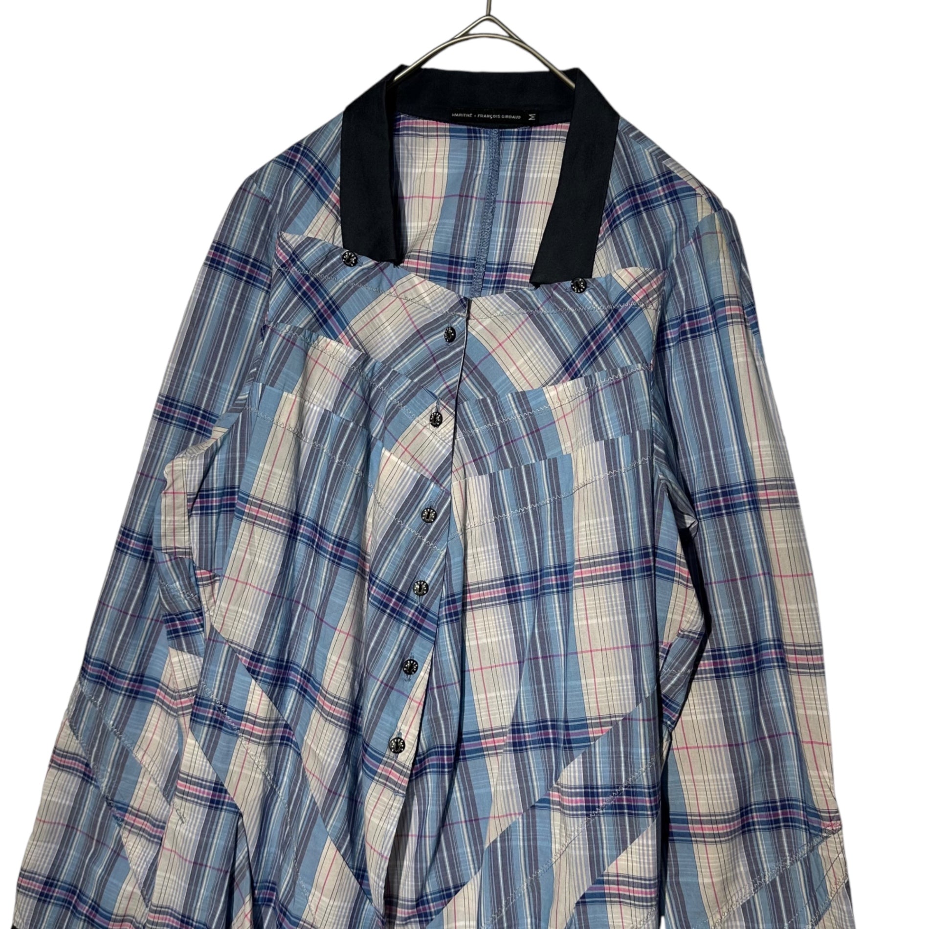 MARITHE FRANCOIS GIRBAUD(マリテフランソワジルボー) 00's Check Cleric Ribbed Hem Long Sleeve Blouse チェック クレリック 裾 リブ 長袖 ブラウス F6-9058 M ライトブルー×ネイビー