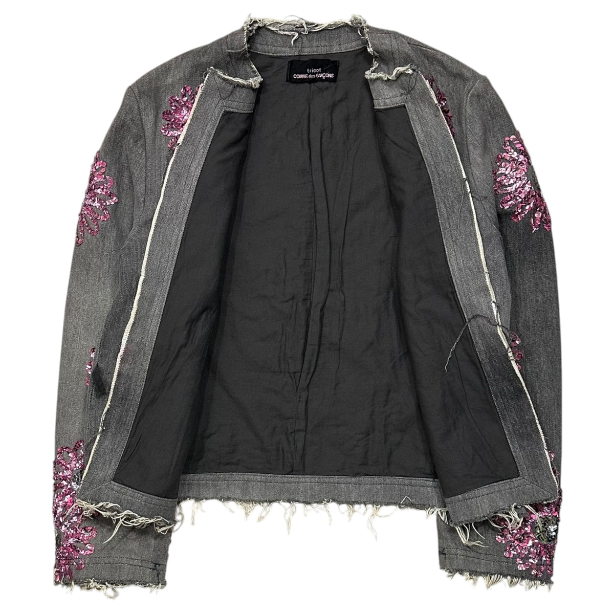 tricot COMME des GARCONS(トリココムデギャルソン) 2001AW Floral sequin collarless denim jacket フラワー スパンコール デニム ノーカラー ジャケット TC-J003 S グレー×ピンク AD2001 00's