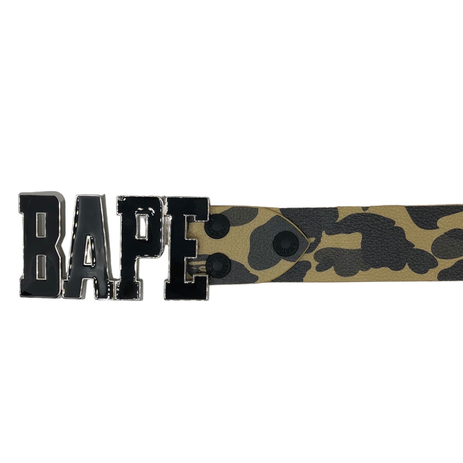 A BATHING APE(アベイシングエイプ) 00's  "BAPE" buckle fast camo leather belt ロゴ バックル ファースト カモ レザー ベルト M カーキ カモフラ 日本製 Y2K