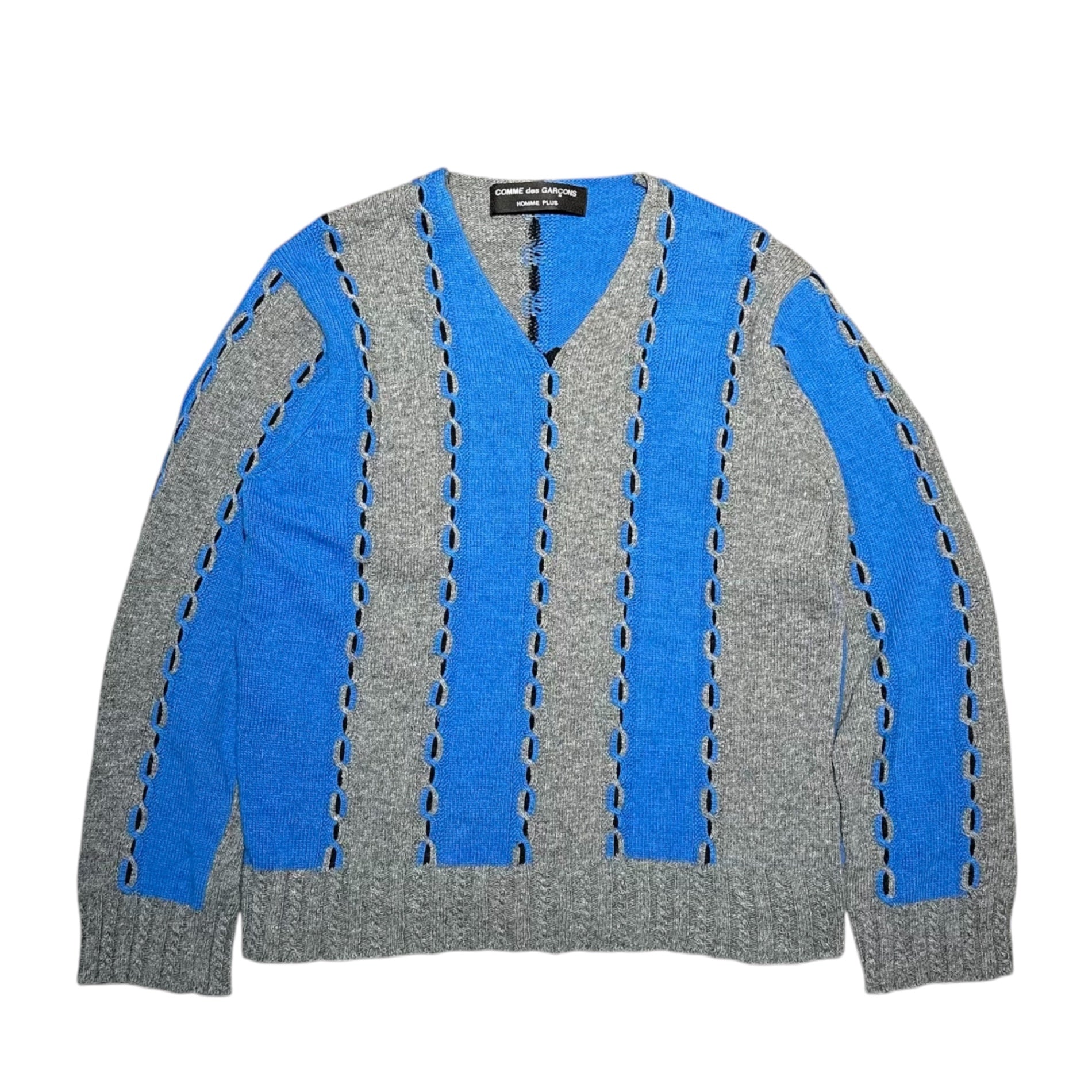 COMME des GARCONS HOMME PLUS(コムデギャルソンオムプリュス) 00AW ”Docking Rock” V-neck Two-Tone Wool Knit ドッキングロック期 Vネック バイカラー ウール ニット PN-040420 表記無(M程度) ブルー×グレー AD2000 00's