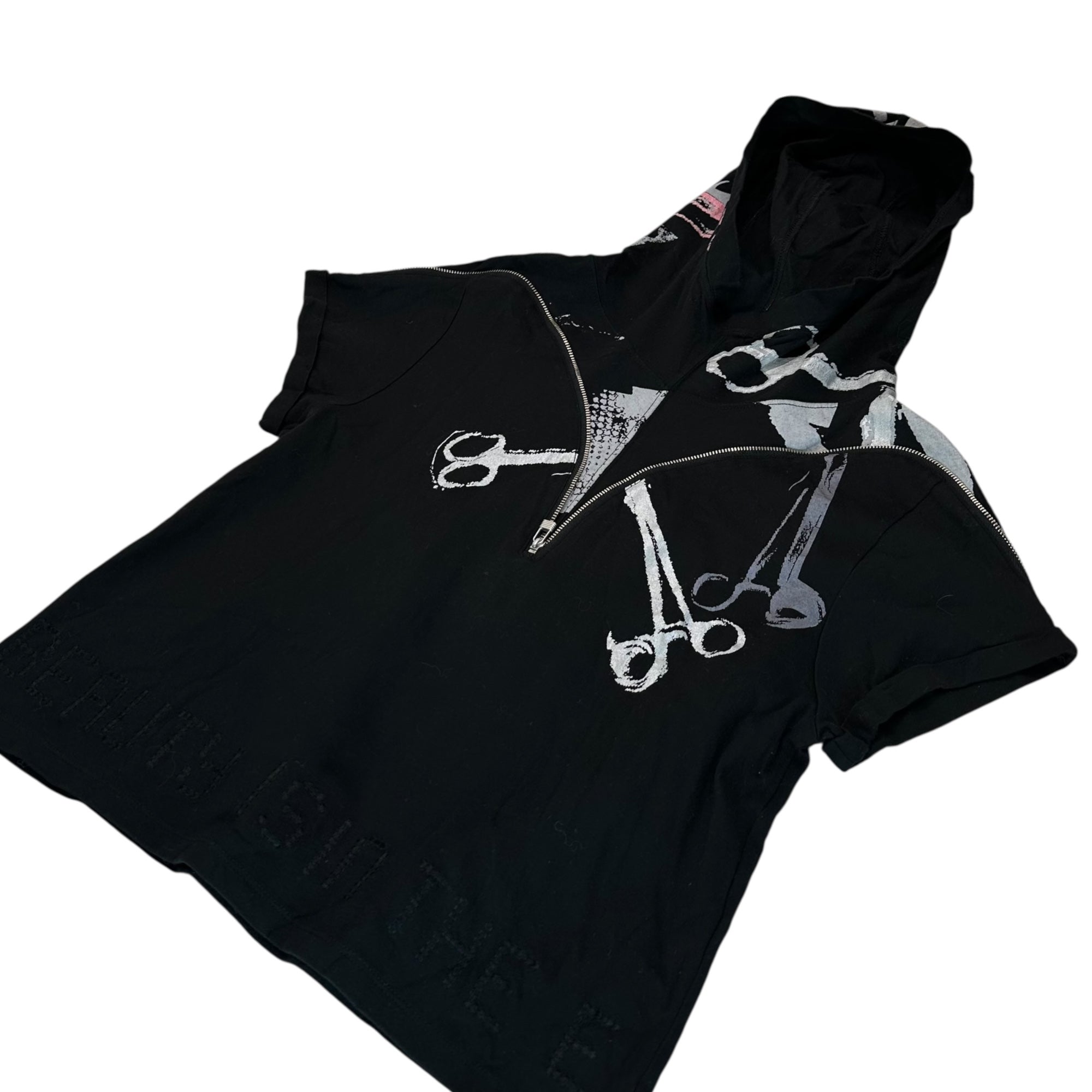 MARITHE FRANCOIS GIRBAUD(マリテフランソワジルボー) 00's Zip Design Graphic Print Hooded T-Shirt ジップ デザイン グラフィック プリント フーデッド Tシャツ F5-6834 M ブラック Y2K