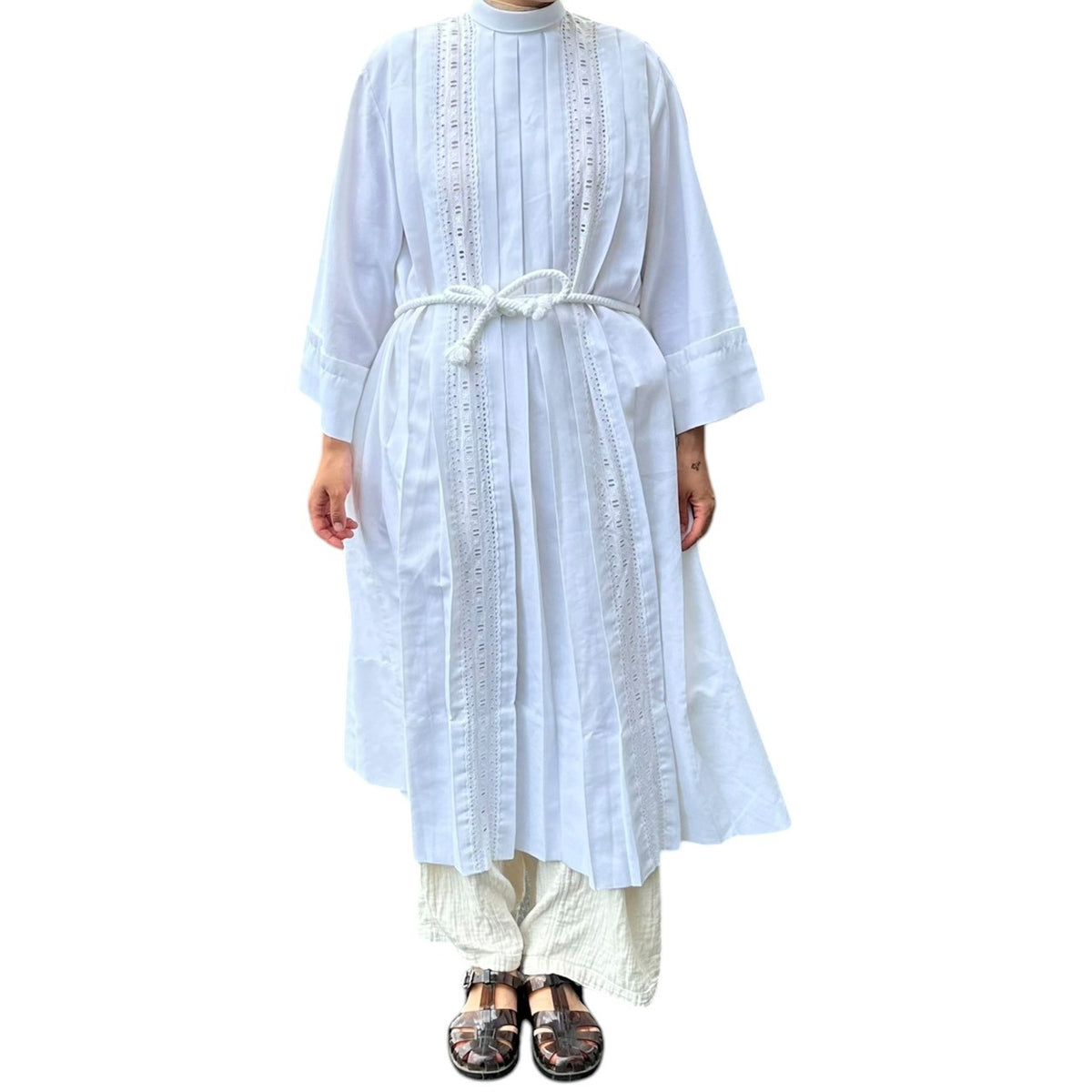 vintage(ヴィンテージ) 80'~90's church smog dress with cutwork lace カットワークレースの教会ドレス 130(Mサイズ程度) ホワイト 右側にポケット/ベルト付/右袖に汚れ有