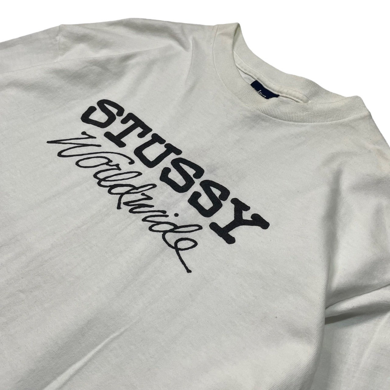 STUSSY(ステューシー) 90's~00's Worldwide ワールドワイド 長袖 カットソー ロンT 紺タグ SIZE M  ホワイト×ブラック 90~00年代 OLD STUSSY