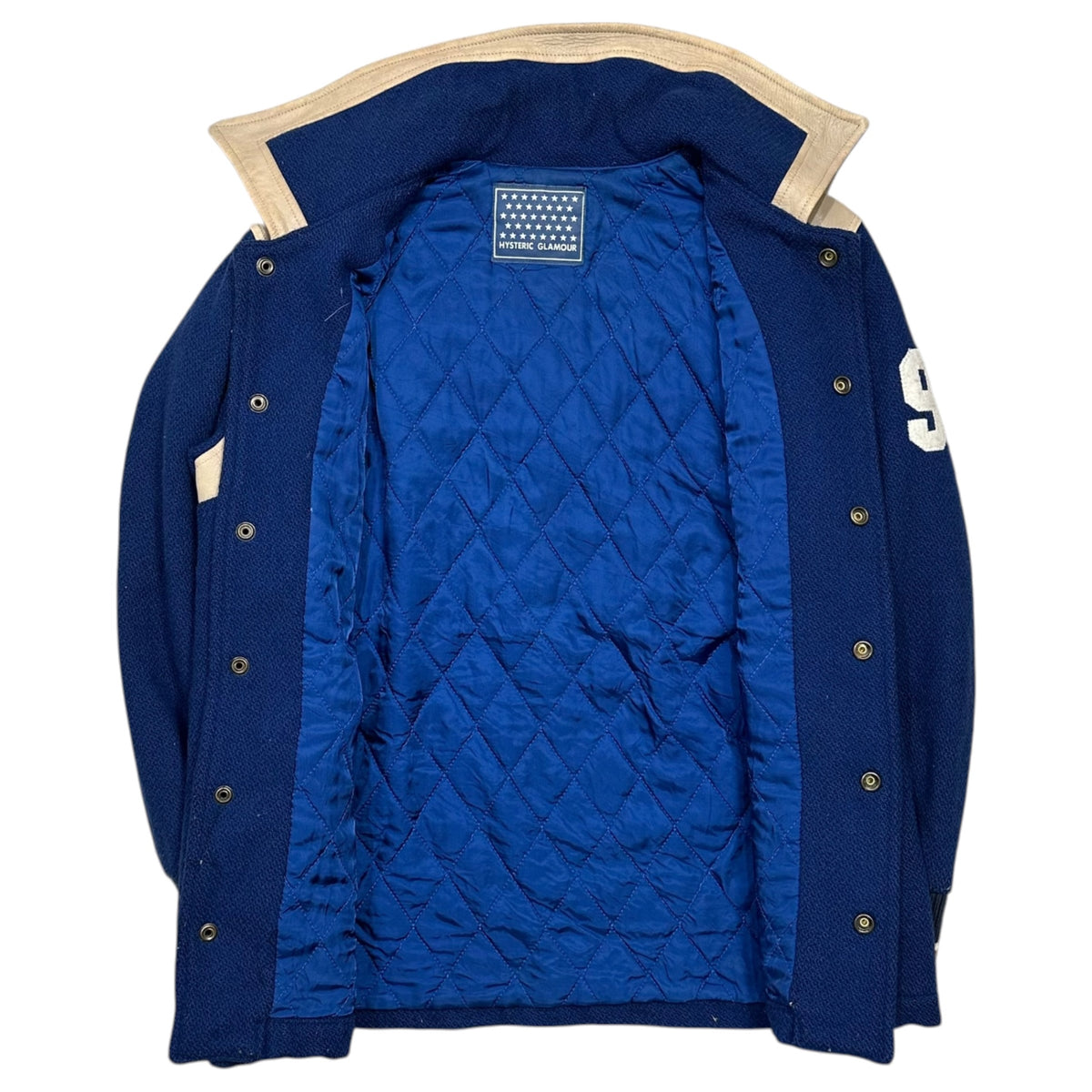 HYSTERIC GLAMOUR(ヒステリックグラマー) 1990's Leather-trimmed varsity jacket レザー 切替 スタジャン 2AB-3280 FREE ブルー×ベージュ 90年代 バーシティー ジャケット
