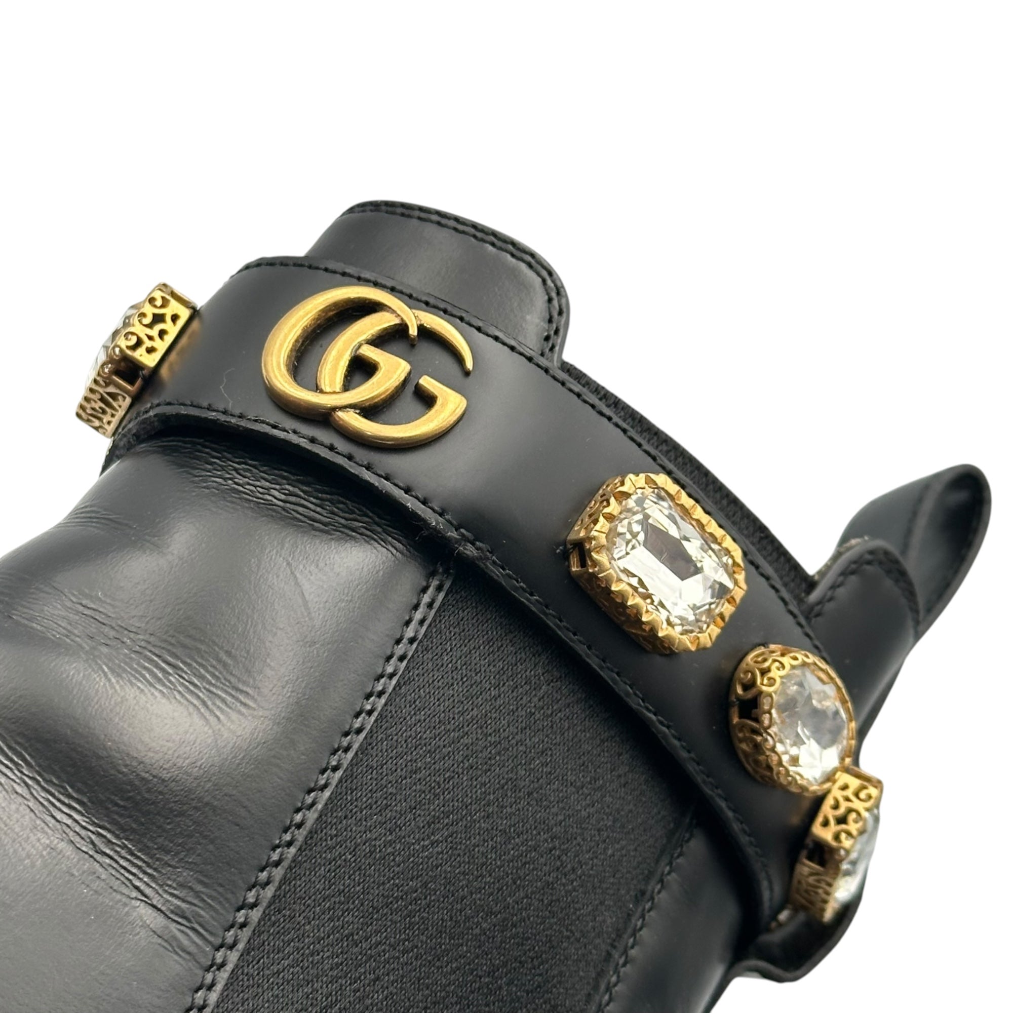 GUCCI(グッチ) Black Leather Ankle Boot With Belt GG マーモント クリスタル サイドゴア ブーツ 550036 37(24cm程度) ブラック