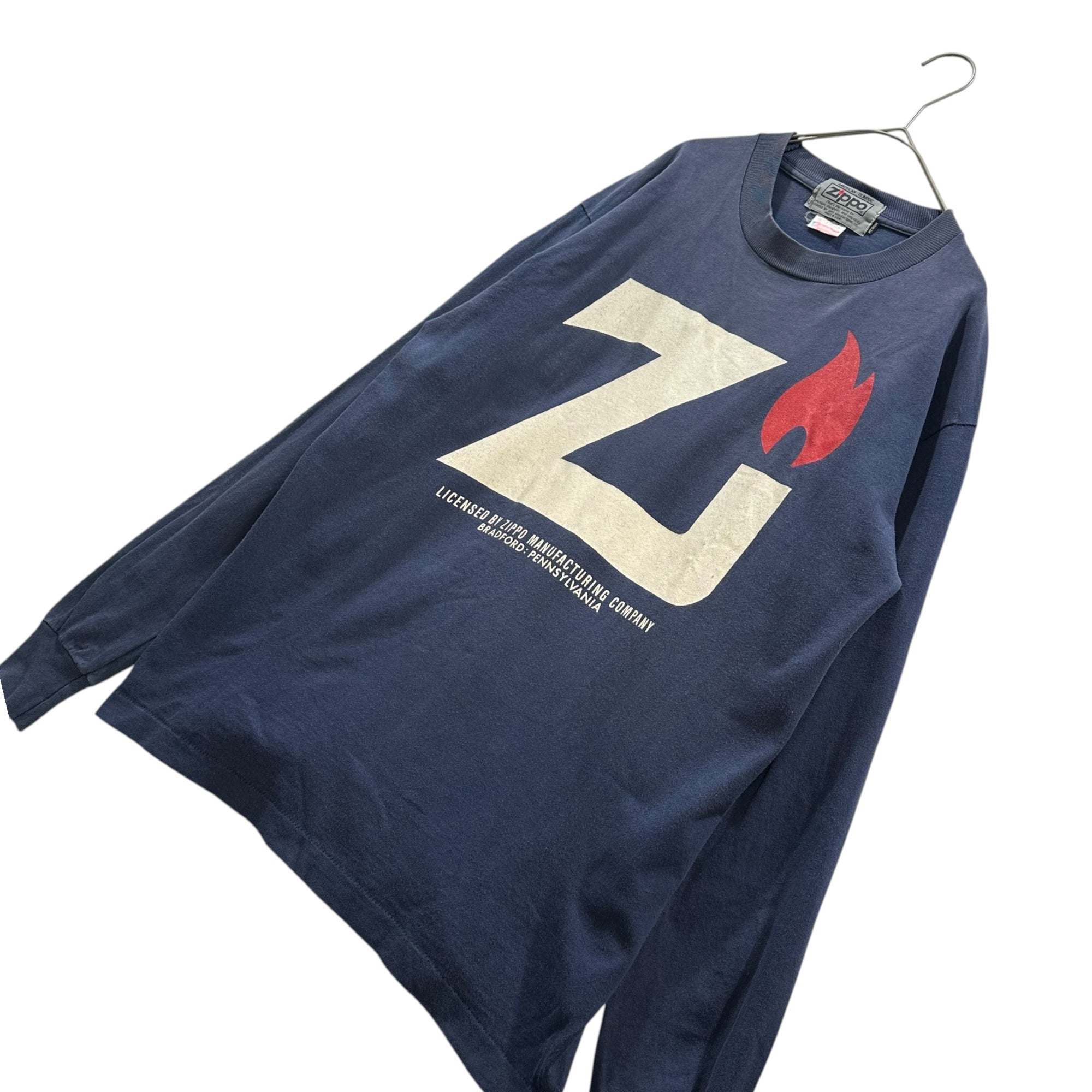 VINTAGE(ヴィンテージ) 90's ZIPPO Print L/S T-Shirt ジッポー プリント 長袖 Tシャツ ロンT M ネイビー フルーツボディ 裾シングルステッチ