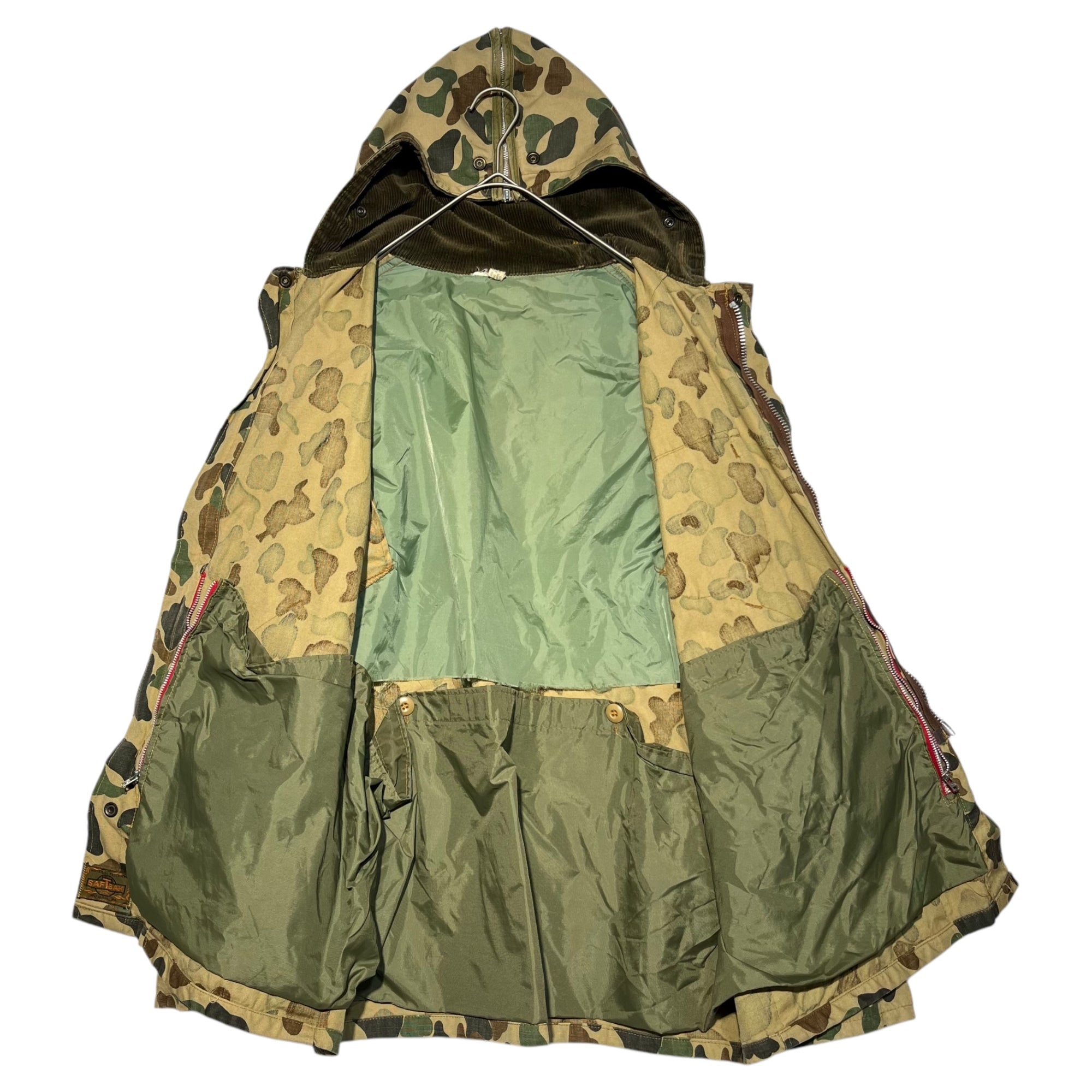 SAFTBAK(サフトバック) 70's~80's Hooded Camo Hunting Jacket フーデッド カモフラ ハンティング ジャケット L程度 カーキ 70年代～80年代 ヴィンテージ 古着 迷彩 コットン