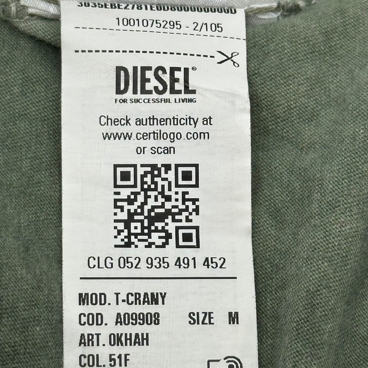 DIESEL(ディーゼル) 23SS T-CRANY デストロイ 長袖 Tシャツ A099080KHAH M グリーン ダメージ加工 カットソー