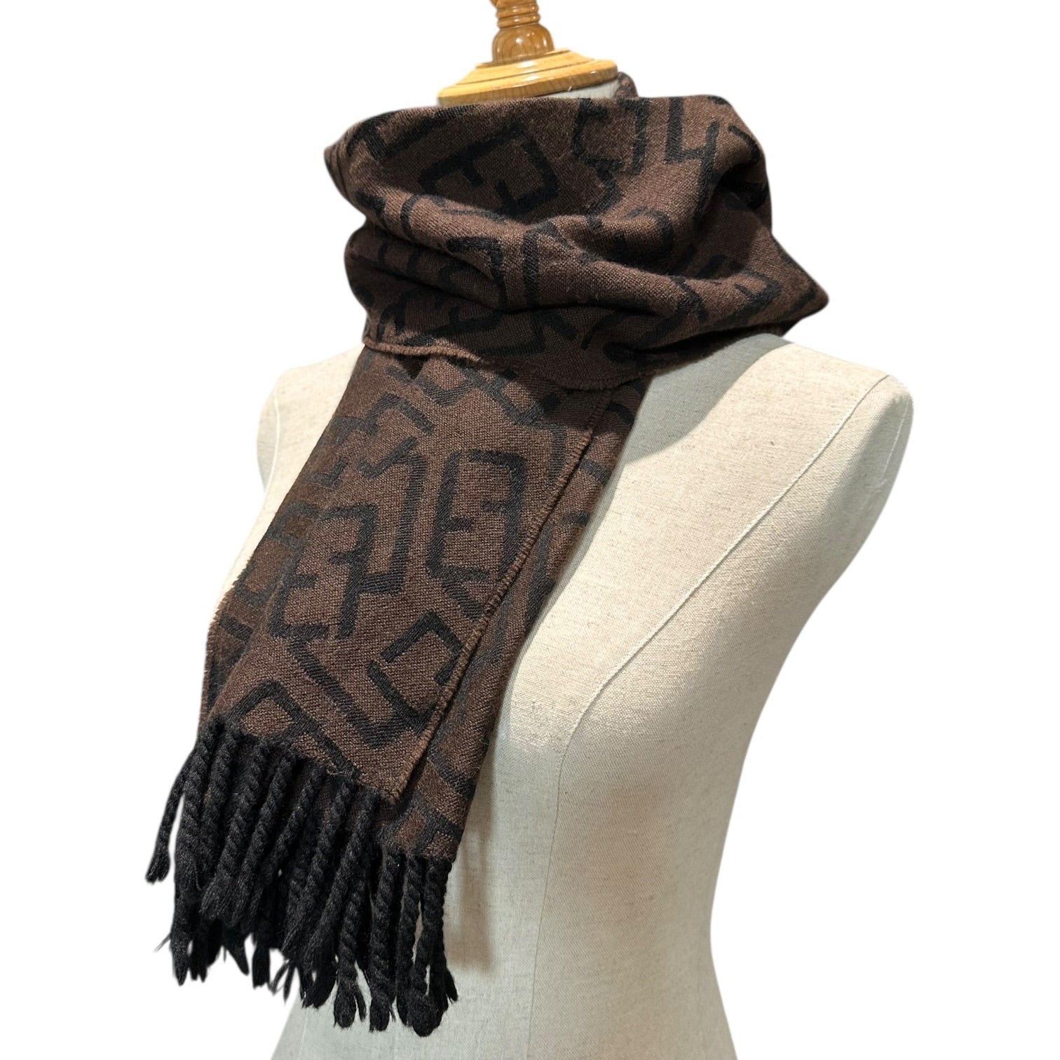 FENDI(フェンディ) Zucca-Print Wool Scarf ズッカ柄 ウール マフラー ブラウン×ブラック