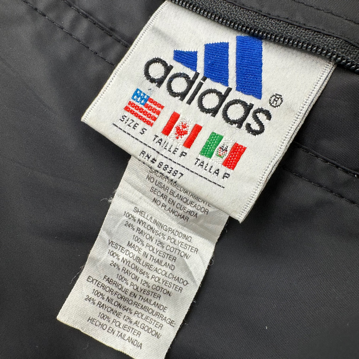 adidas(アディダス) 1990's Padded jacket 刺繍 フーデッド パテッド ジャケット US S(XL程度) ブラック 90年代 万国旗タグ