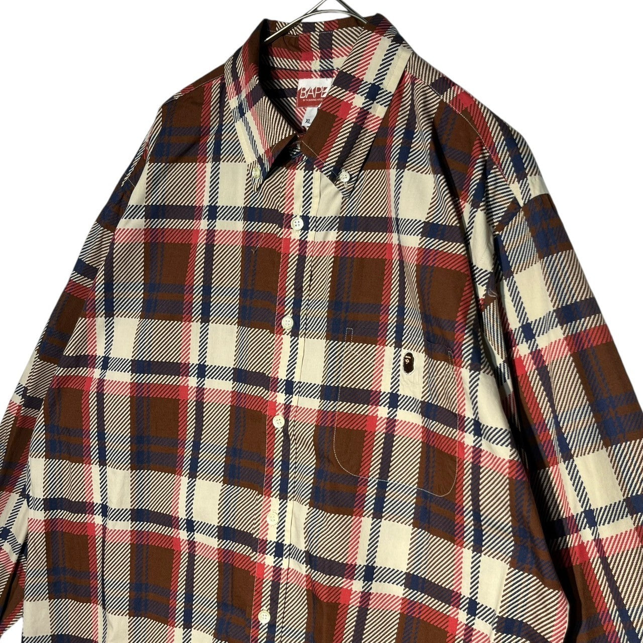 BAPE BY A BATHING APE(ベイプ バイ アベイシングエイプ) 00's  Tartan check one point logo L/S shirt タータンチェック ワンポイントロゴ 長袖 シャツ XL ブラウン×レッド