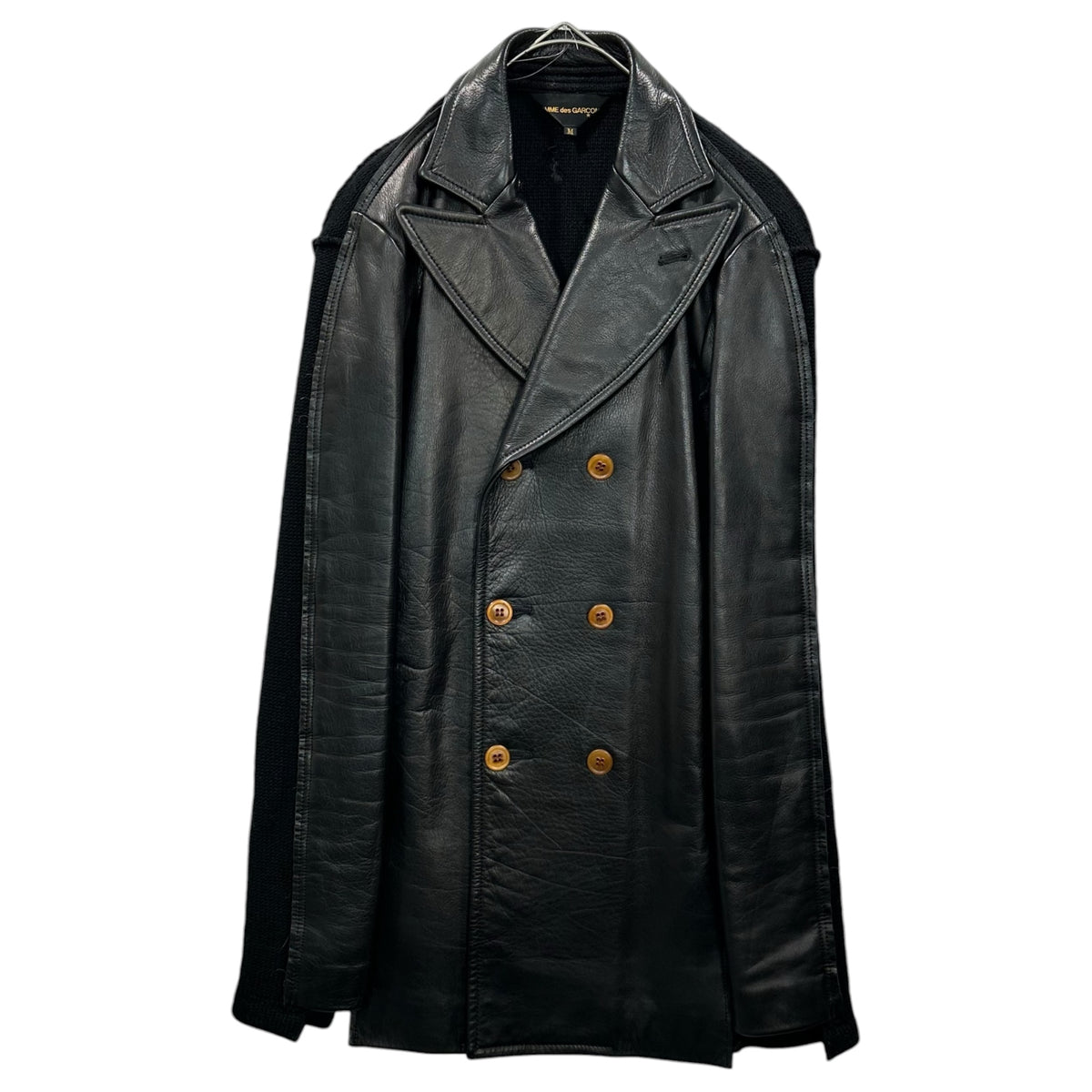 COMME des GARCONS(コムデギャルソン) 2002AW Leather ＆ Knit-Paneled Double-Dreasted Coat レザー ニット ドッキング ダブル ブレスト コート GG-J036 M ブラック AD2002 00's ジャケット