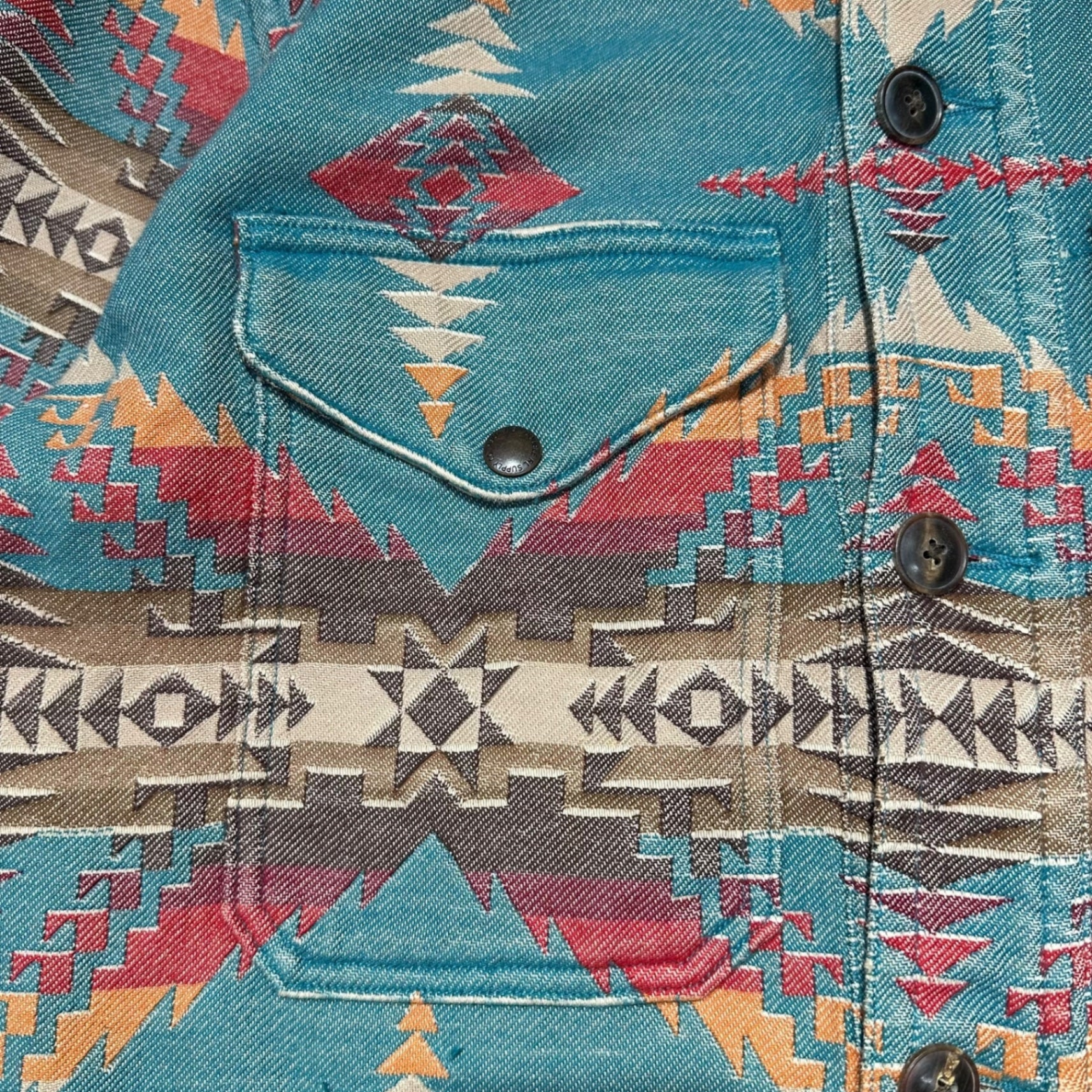 RRL(ダブルアールエル) NATIVE JACQUARD OVER SHIRT ネイティブ柄 コットン ジャガード エルボーパッチ シャツ ジャケット S ターコイズブルー×ブラウン