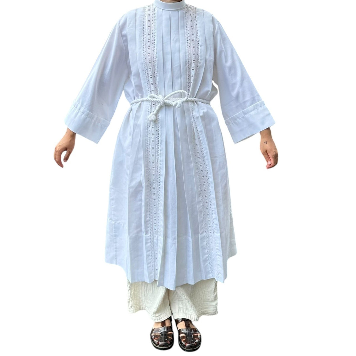 vintage(ヴィンテージ) 80'~90's church smog dress with cutwork lace カットワークレースの教会ドレス 130(Mサイズ程度) ホワイト 右側にポケット/ベルト付/右袖に汚れ有