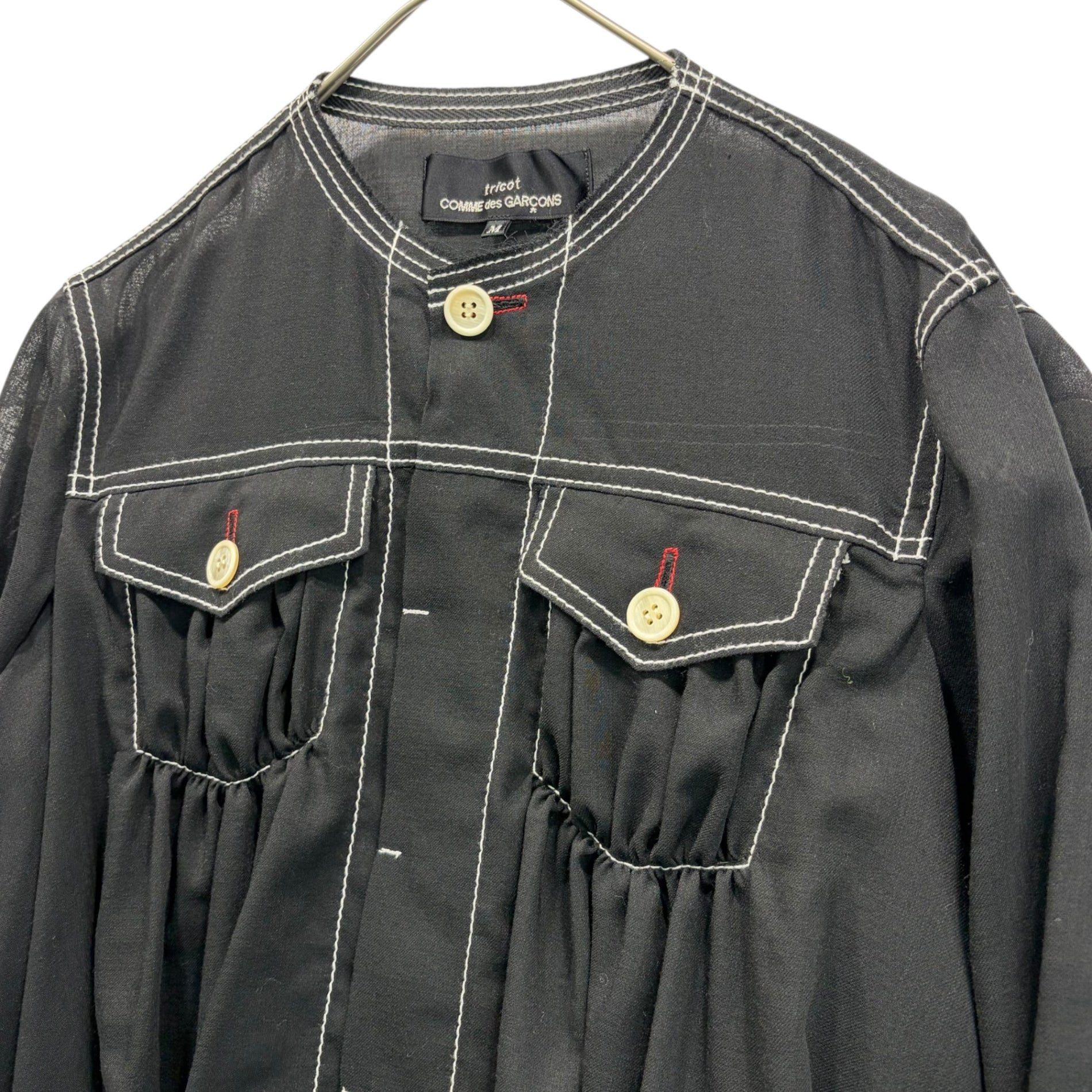 tricot COMME des GARCONS(トリココムデギャルソン) 13SS Wool Nylon White Stitch Button Blouse ウール ナイロン ホワイトステッチ ボタン ブラウス TK-J007 M ブラック×ホワイト AD2012