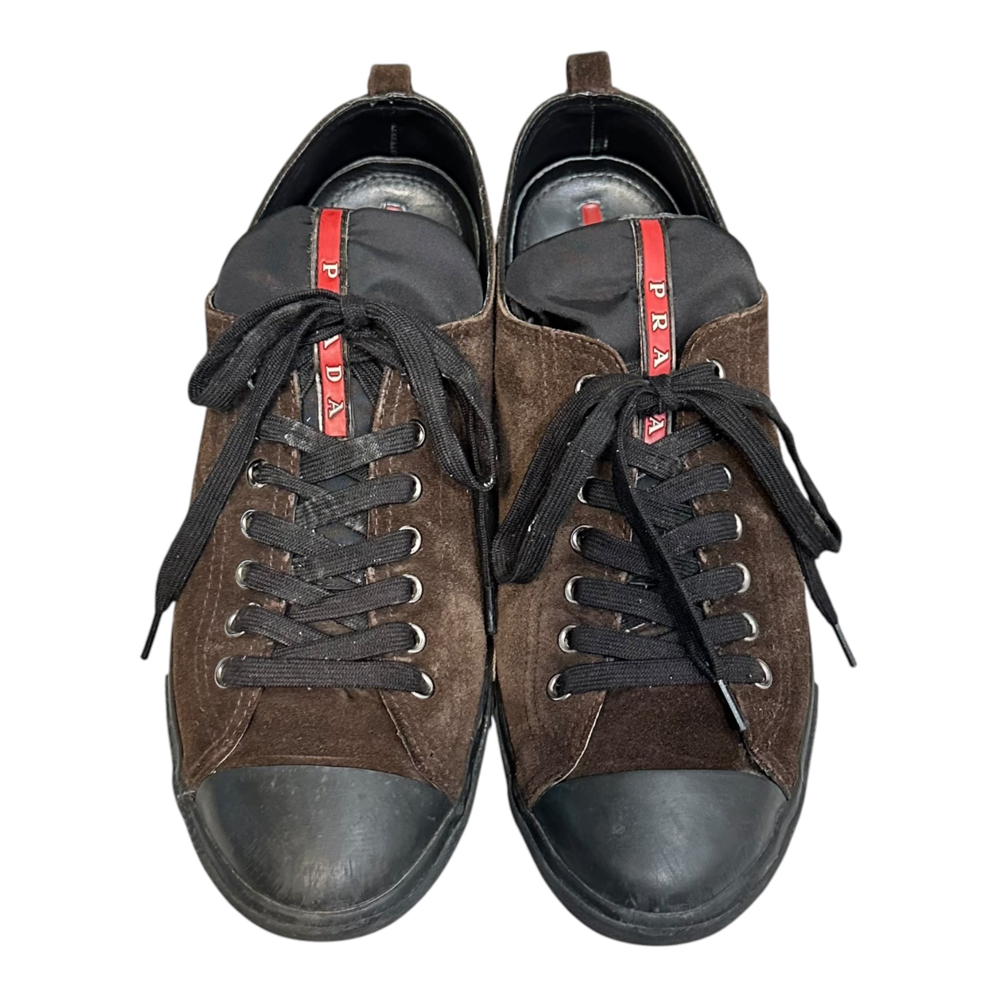 PRADA(プラダ) Suede Low-Top Sneakers スウェード ローカット スニーカー 4E2105 9(27.0cm程度) ブラウン×ブラック×レッド