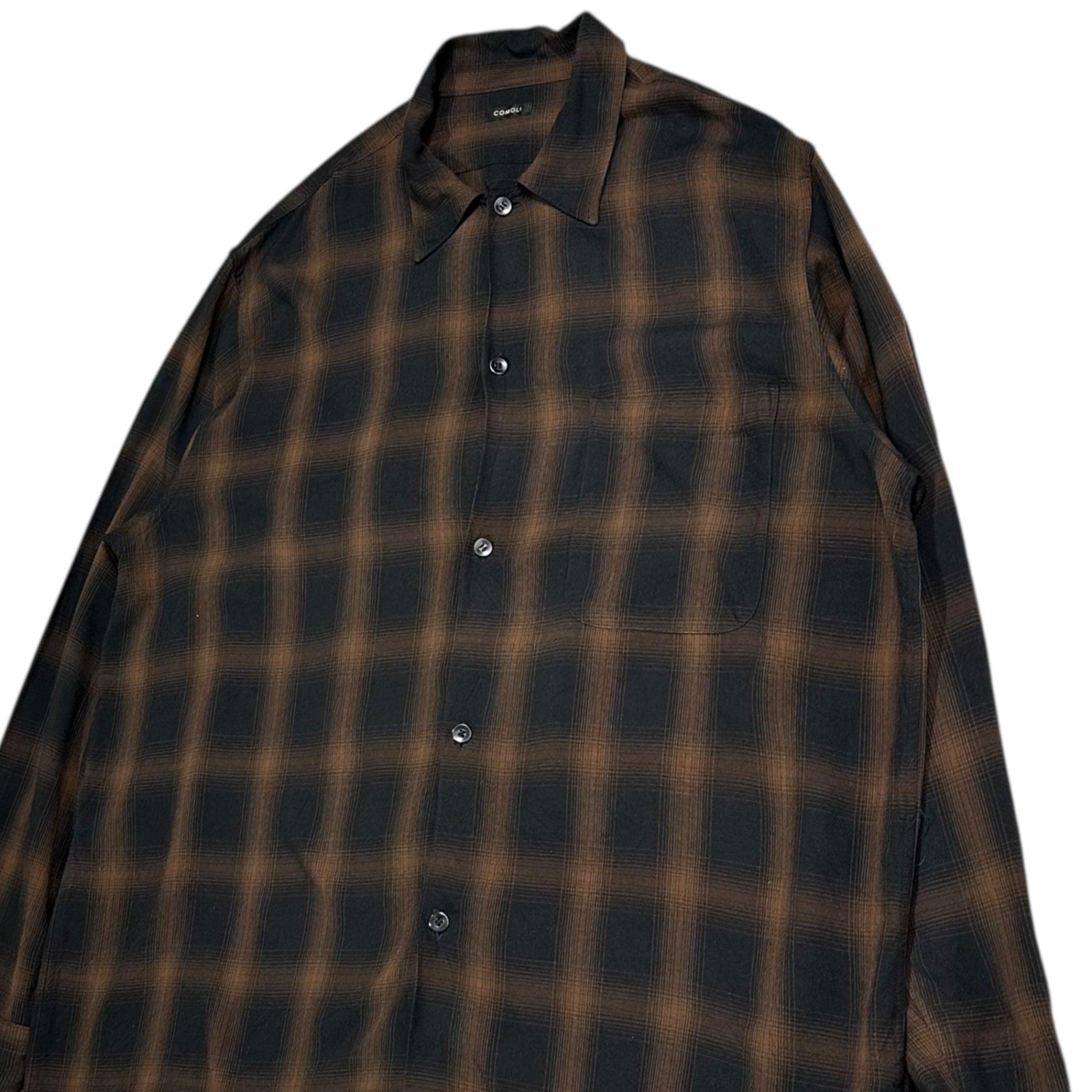 COMOLI(コモリ) 24SS Rayon open collar shirt レーヨン オープン カラー シャツ Z01-02005 2 ブラウン× 長袖 オンブレ チェック