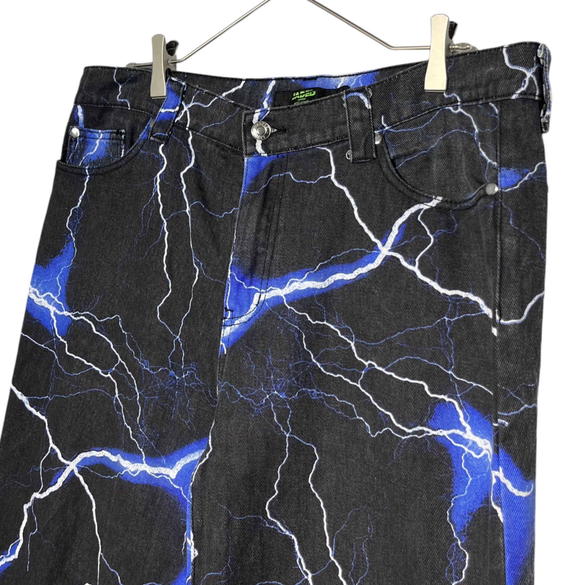 JADED LONDON(ジェイデッドロンドン) LIGHTNING BOLT PRINT JEANS ライトニング プリント デニム パンツ W34 ブラック×ブルー 雷