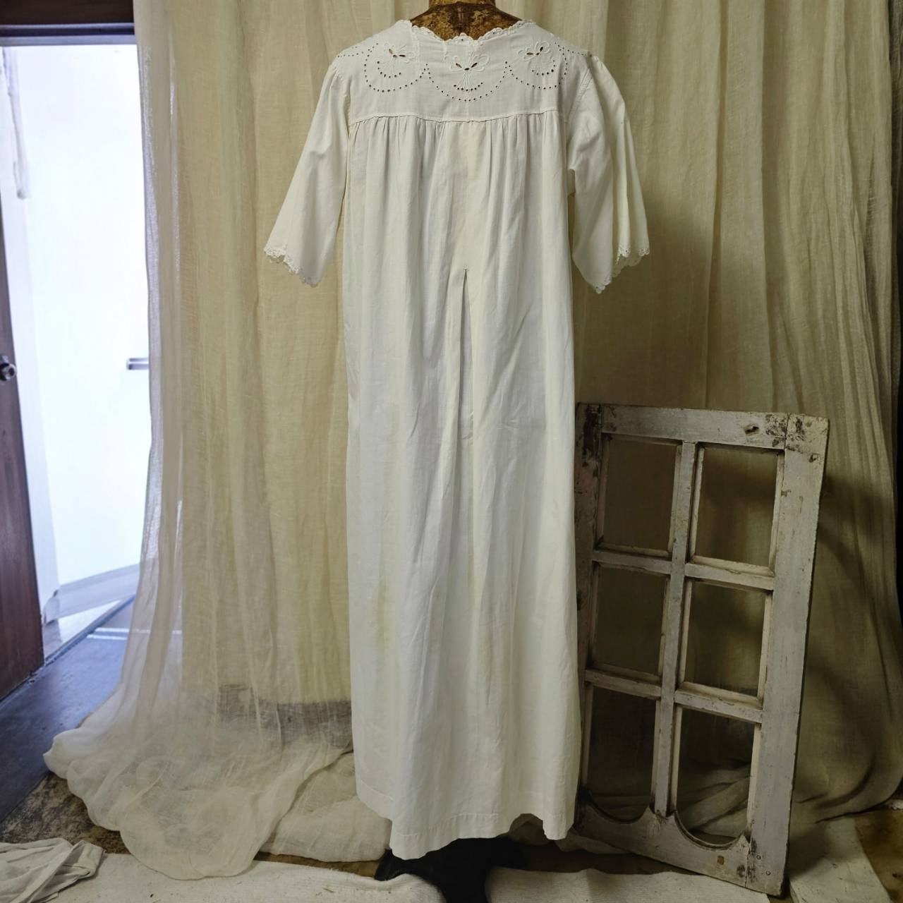 Euro Vintage(ヨーロッパヴィンテージ) Meduse_10'~20's french cotton flower embroidery short sleeve long dress /フレンチコットン花刺繍半袖ロングワンピース 表記なし(Mサイズ程度) ホワイト