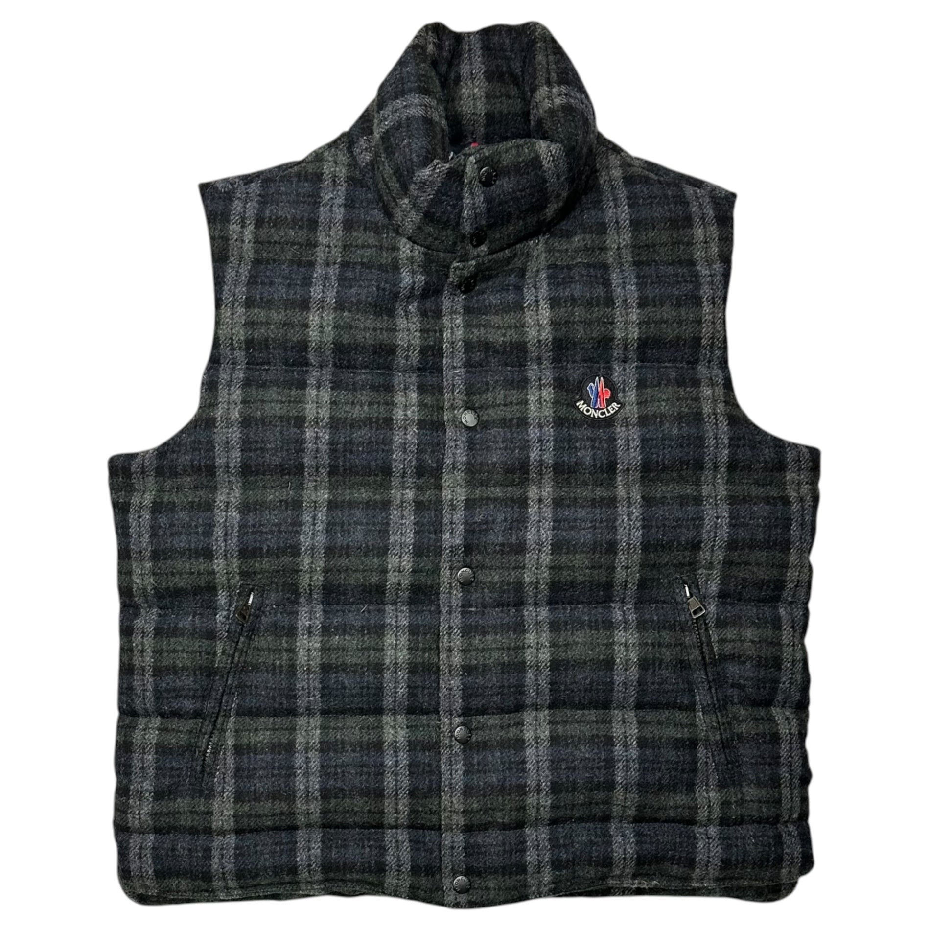MONCLER(モンクレール) Wool-Bodied Checkered Down Vest ウールボディ チェック ダウンベスト 5 グレー×グリーン×ネイビー