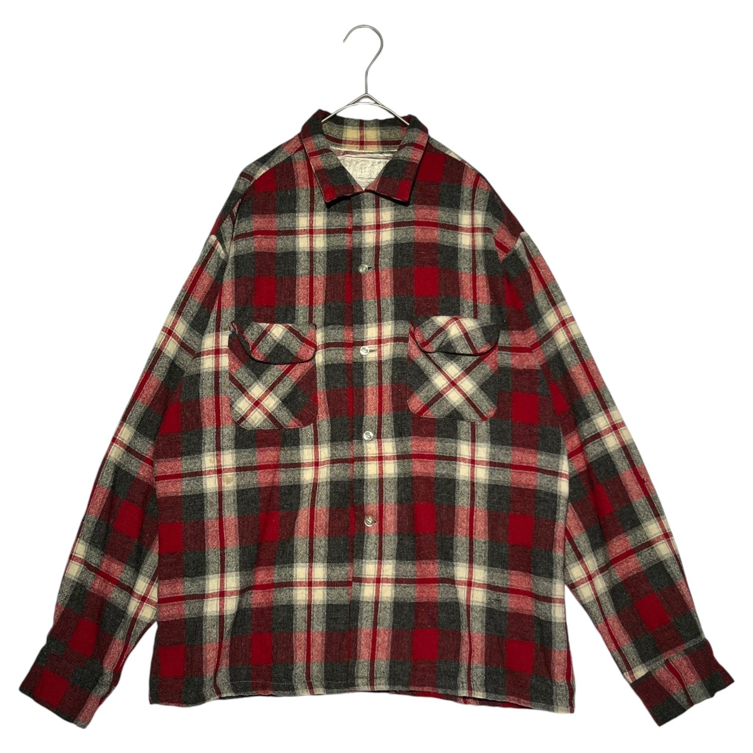 VINTAGE(ヴィンテージ) 60~70's Flap pocket check wool open collar shirt フラップポケット チェック ウール 開襟シャツ レッド×グレー