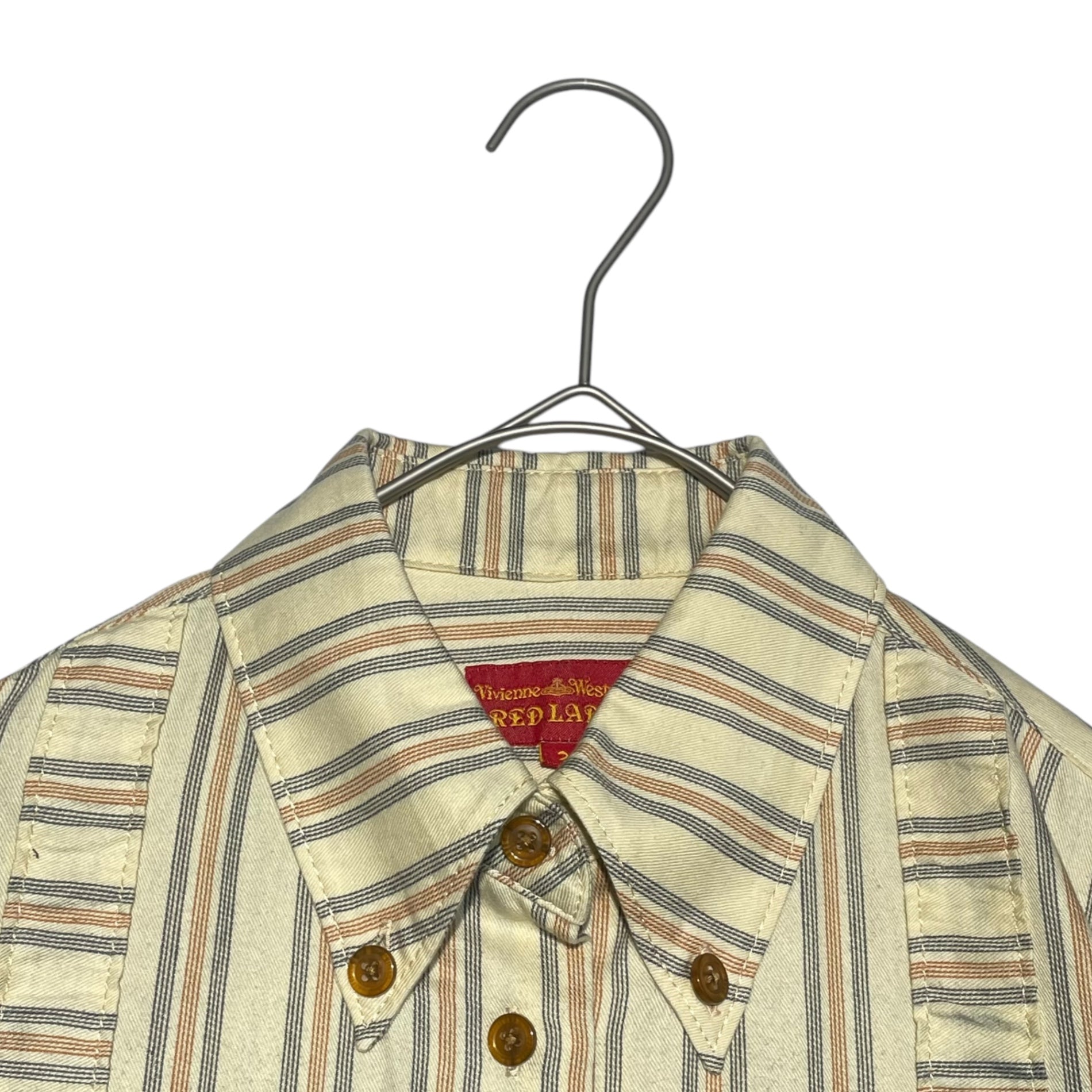 Vivienne Westwood RED LABEL(ヴィヴィアンウエストウッドレッドレーベル) OLD Front ribbon gradation striped shirt オールド 前リボン グラデーション ストライプ シャツ 357-01-86012 2(M) アイボリー×ネイビー