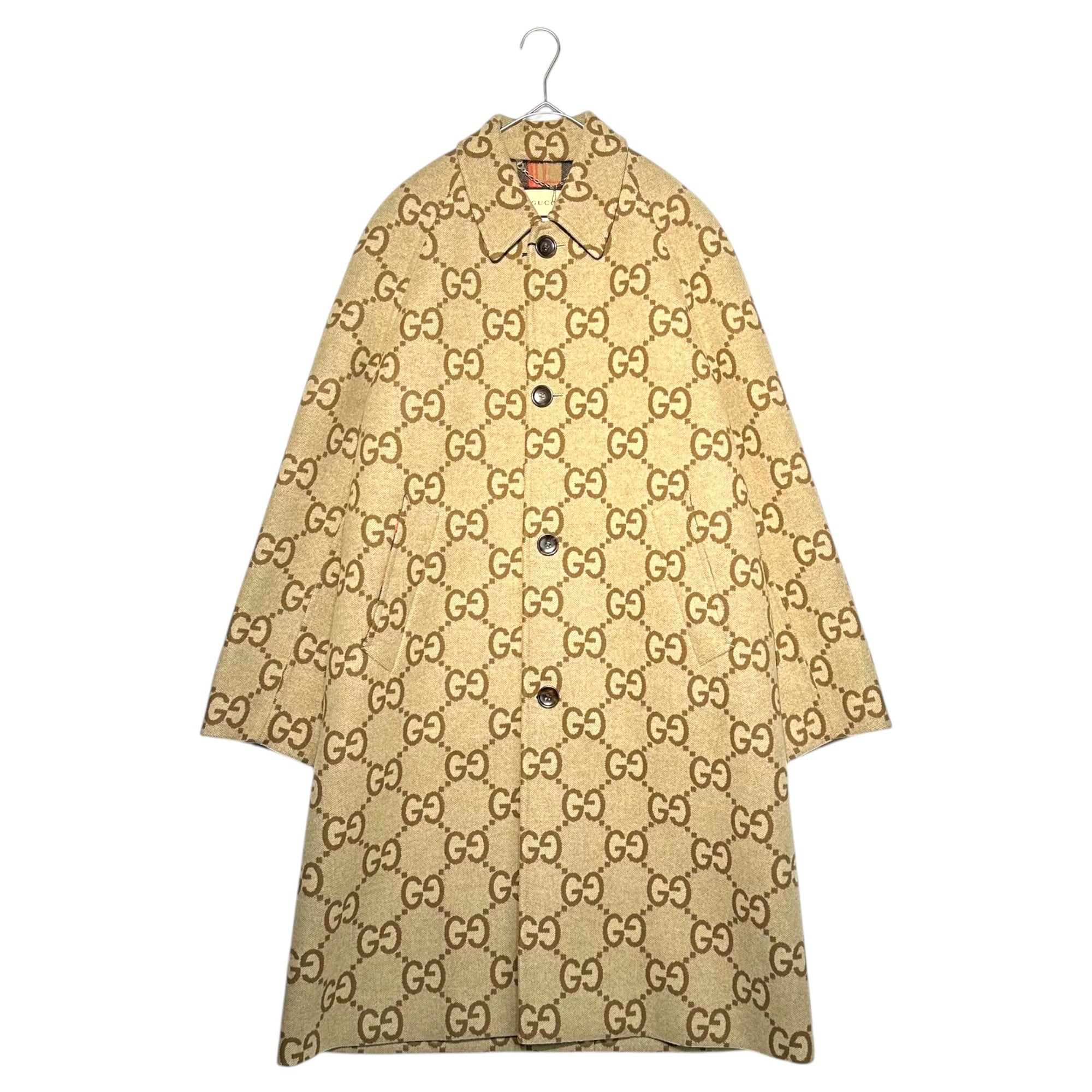 GUCCI(グッチ) 22AW Jumbo GG Canvas Wool Car Coat 698708 ZAIT6 ジャンボ GG キャンバス ウール コート 698708 48(ML程度) ベージュ ロゴ ロング