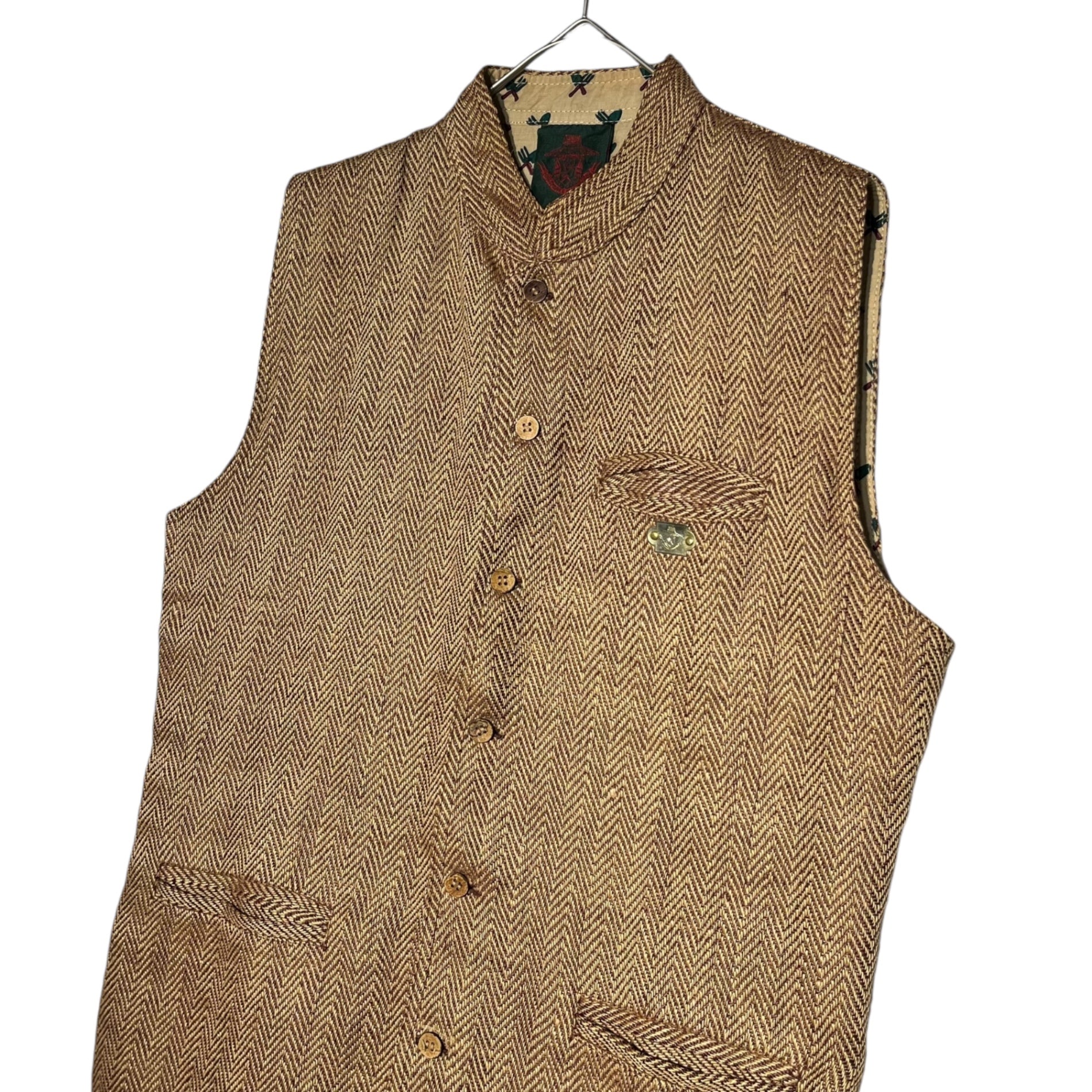 Le Prince Jardinier(ル・プランス・ジャルディニエ) 80~90's herringbone wood button vest ヘリンボーン ウッドボタン ベスト L ベージュ×ブラウン 推定80年代 ~ 90年代 フランス パリ ブランド ヴィンテージ