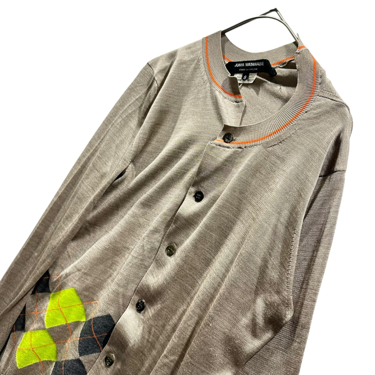 JUNYA WATANABE COMME des GARCONS(ジュンヤワタナベコムデギャルソン) 2008SS Argyle-Paneled Cardigan アーガイル 切替 カーディガン JA-N020 S ベージュ×グリーン×オレンジ AD2007 00s アーカイブ