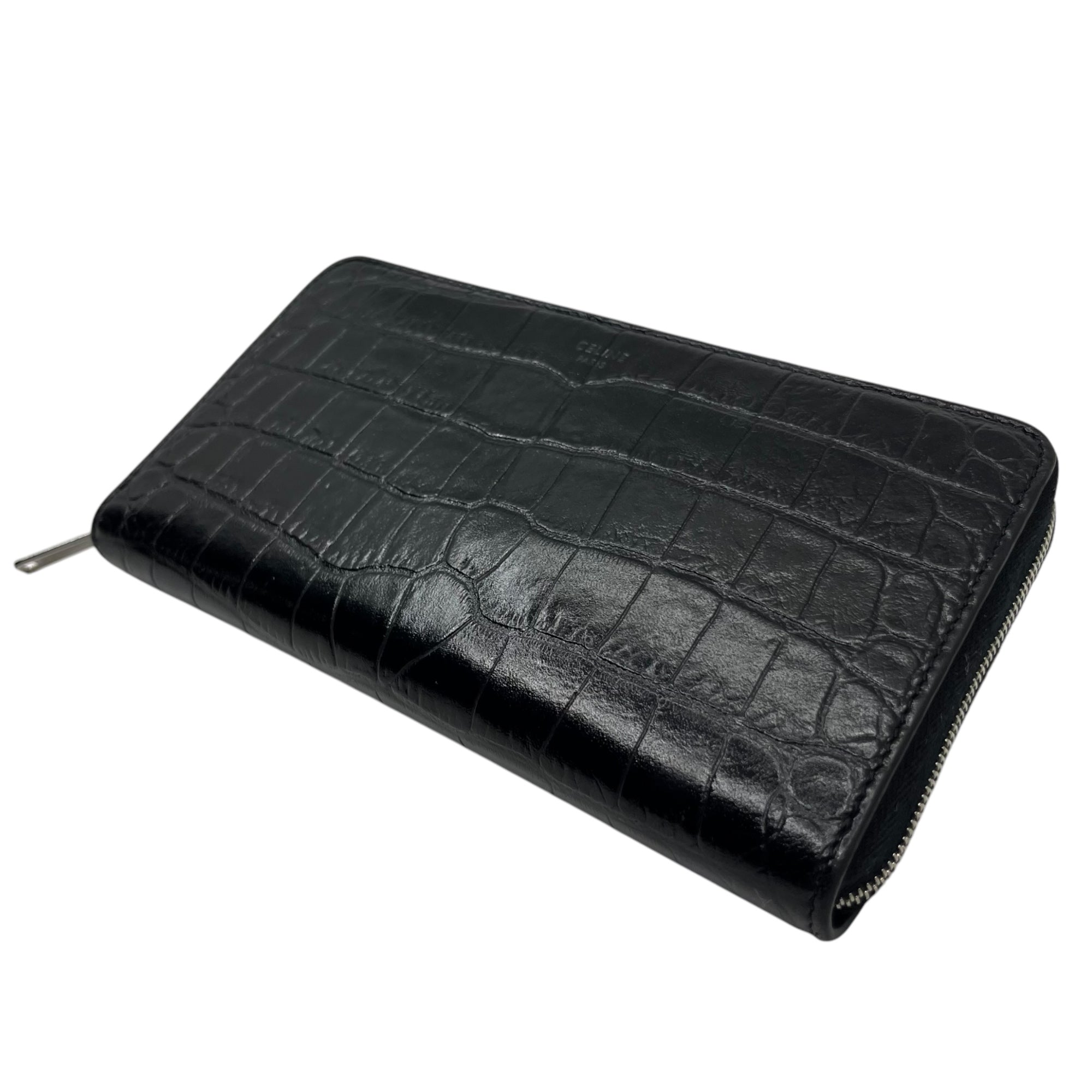 CELINE(セリーヌ) Croco-embossed leather round zip wallet クロコダイル 型押し カーフ スキン ラージ ジップ ウォレット ブラック 長財布 ラウンドジップ レザー 本革