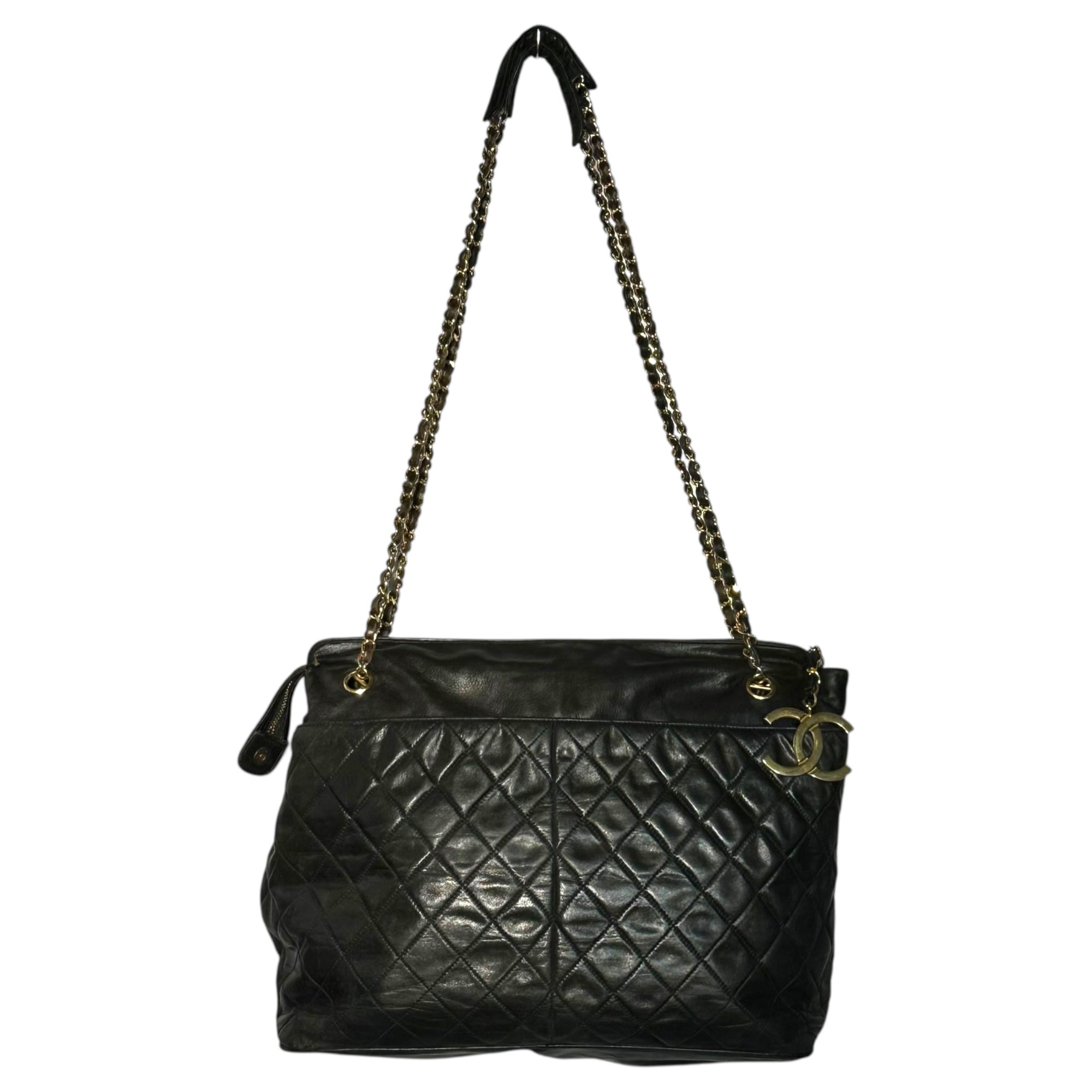 CHANEL(シャネル) 90's Coco Charm Lambskin Matelasse Double Chain Tote Bag ココ チャーム ラムスキン マトラッセ ダブル チェーン トート バッグ ブラック 90年代 ヴィンテージ 肩掛け ショルダー 1番台 1******