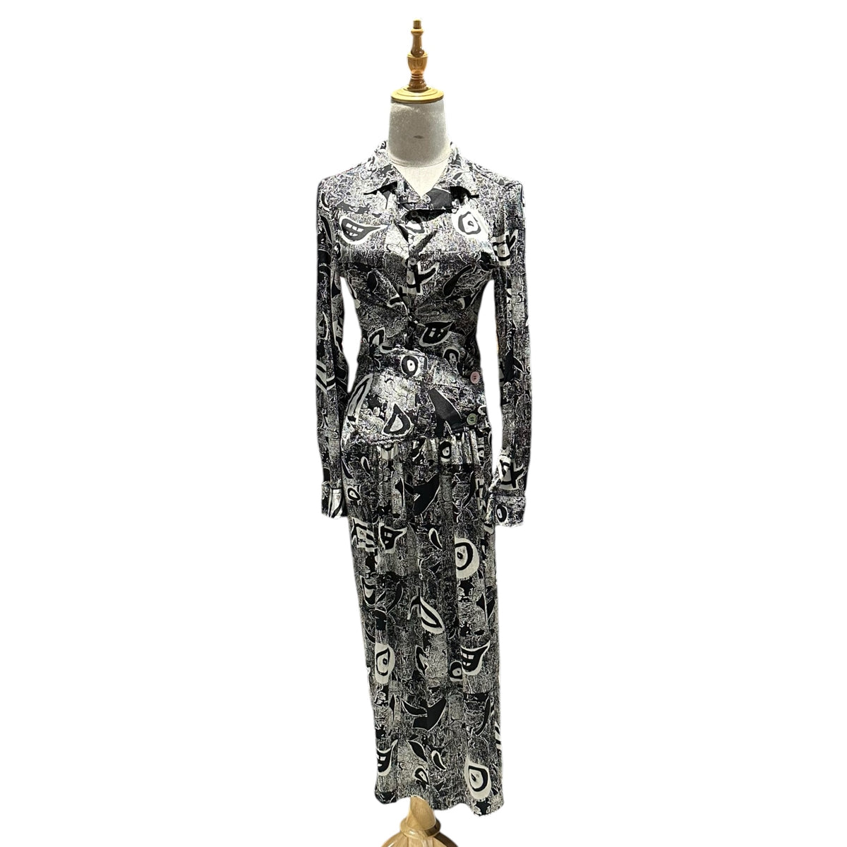 COMME des GARCONS(コムデギャルソン) 1980's All-Over Print Open-Collar Blouse & Skirt Set 総柄 オープンカラー ブラウス & スカート セットアップ TOPS:GB-110300　BOTTOMS:GS11025S TOPS:FREE BOTTOMS:S ブラック×ホワイト AD表記無 80年代