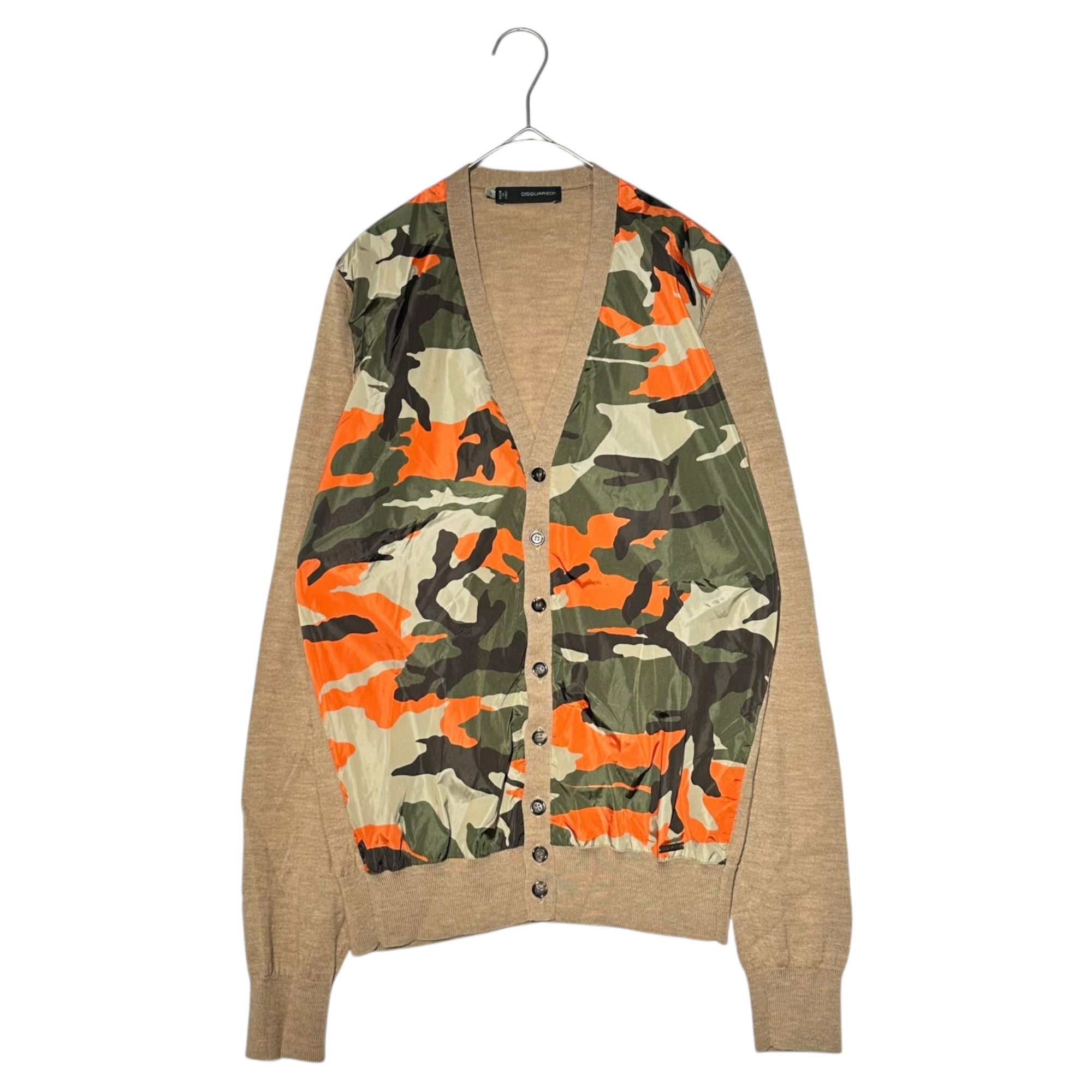 DSQUARED2(ディースクエアード) Camouflage Nylon-Blend Wool Knit Cardigan カモフラ ナイロン 切替 ウール ニット カーディガン S74HA0494 S カーキ×オレンジ×ベージュ