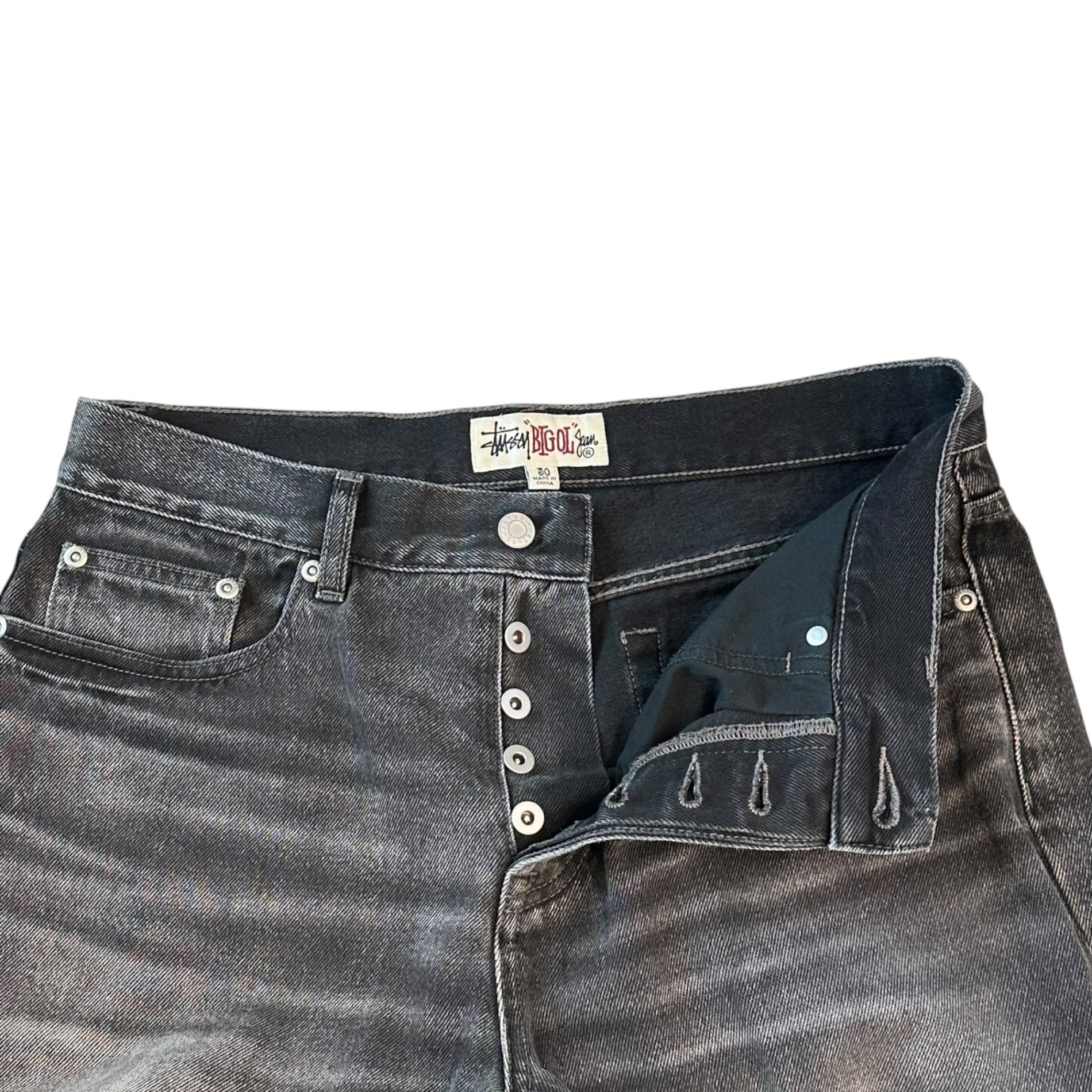 STUSSY(ステューシー) Big Ol' Denim Vintage Jean ヴィンテージ加工 ブラック デニム ストレート ワイド パンツ 30 ブラック