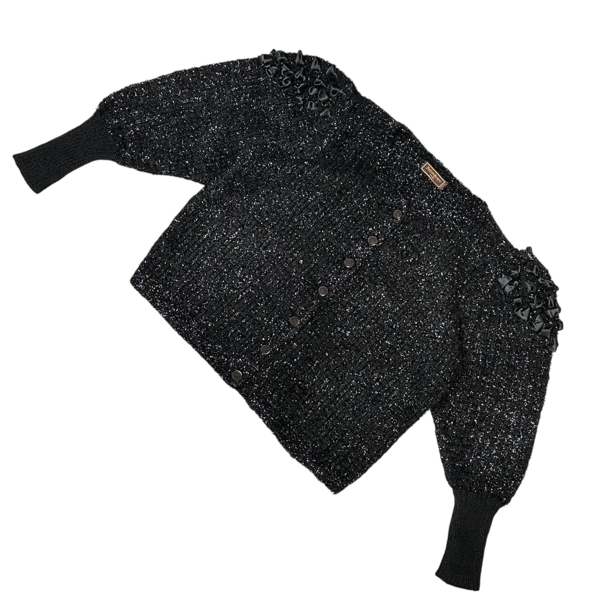 YVES SAINT LAURENT(イヴサンローラン) Vintage Lame Ribbon Crew Neck Knit Cardigan ヴィンテージ ラメ リボン クルーネック ニット カーディガン ST41-884 M ブラック