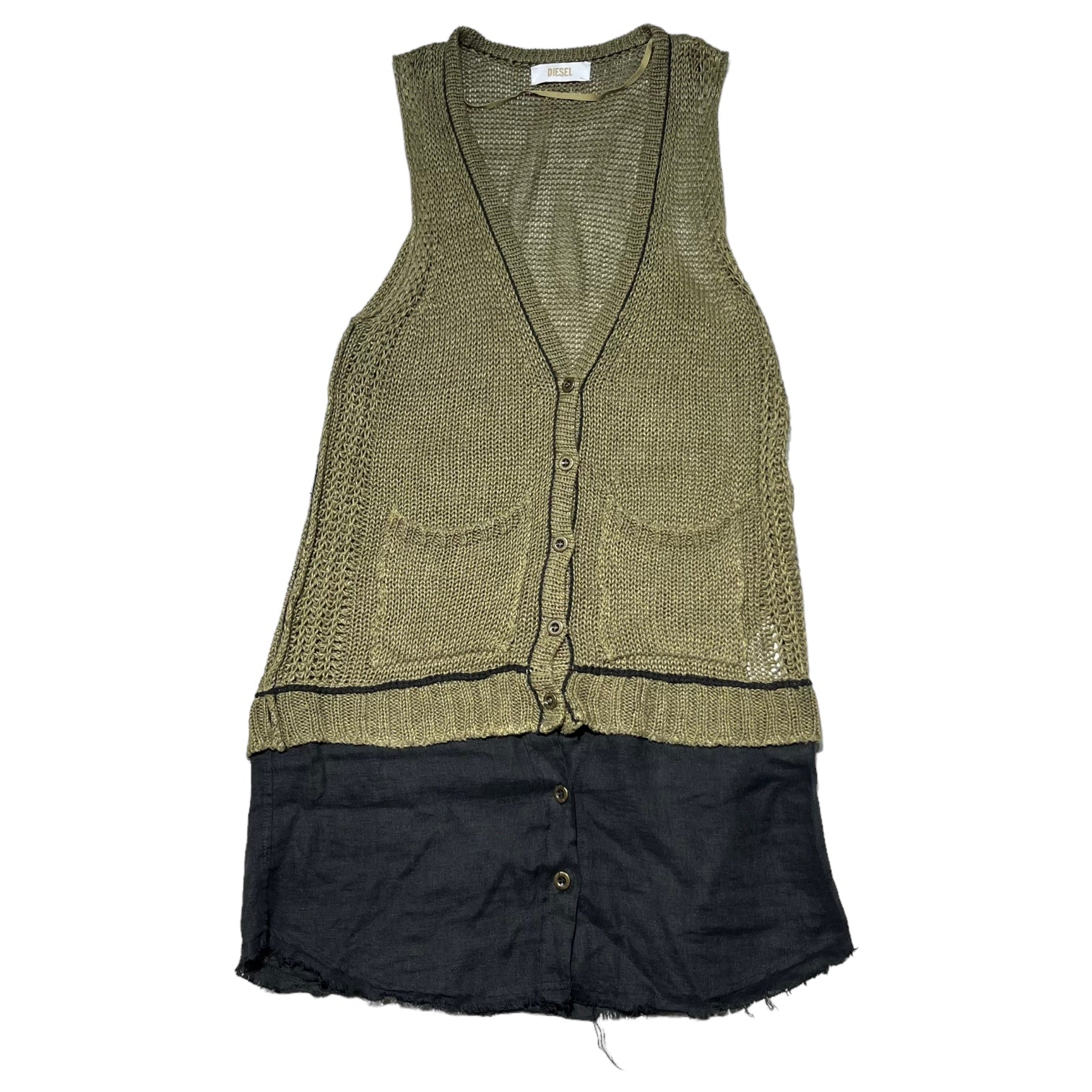 DIESEL(ディーゼル) Linen/knit long vest リネン/ニット 切替 ロングベスト S カーキ×ブラック